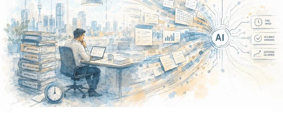 AI and automation playbook illustration showing an employee transforming manual business processes into AI-driven workflows and improved outcomes.