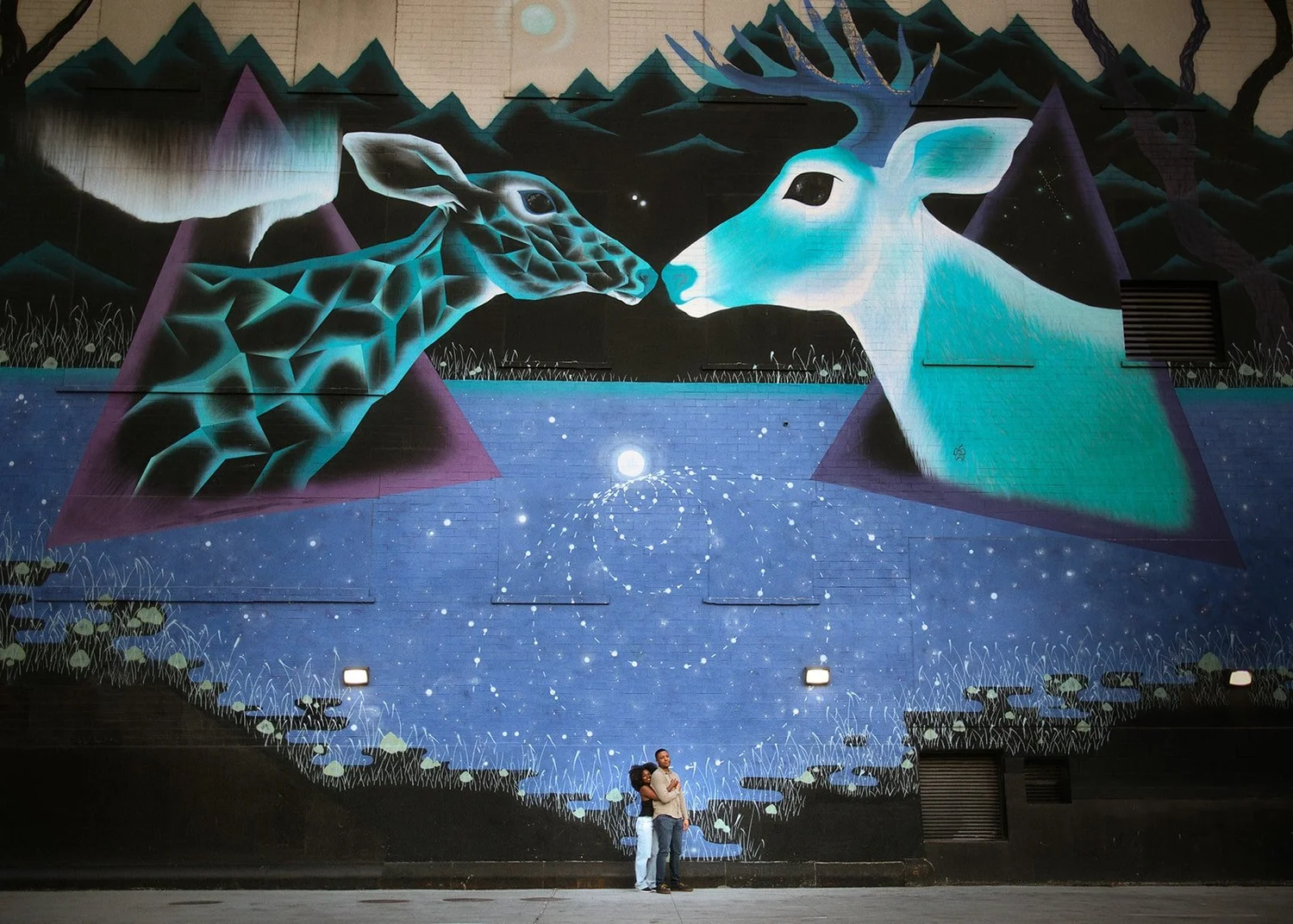 Artistic urban engagement portrait with gritty Chicago textures and natural light