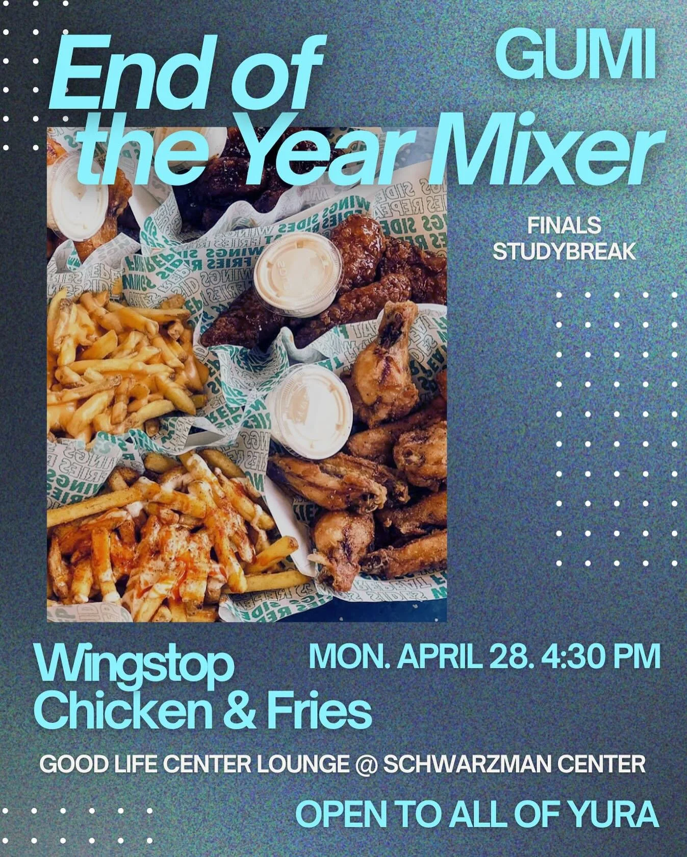 Hello YURA! We are having our final GUMI Undergraduate - Graduate end of the year mixer tomorrow, Monday at 4:30 PM in the Good Life Center lounge in the Schwarzman Center! This is open to ALL OF YURA and friends. We will be sharing various Wingstop 