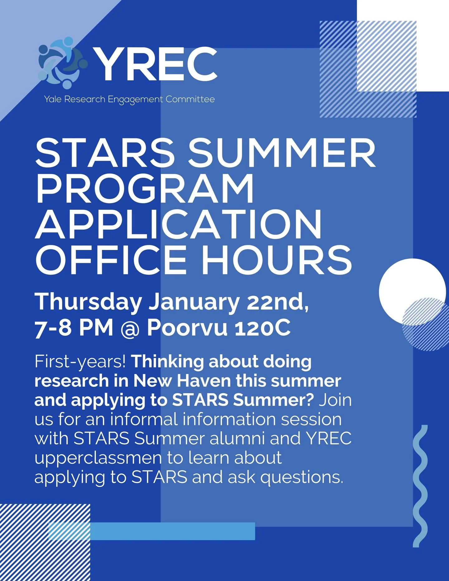 Thinking of applying to the STARS Summer Research Program? Swing by an informal office hours happening tomorrow in Poorvu 120C from 7-8PM for information and application advice!