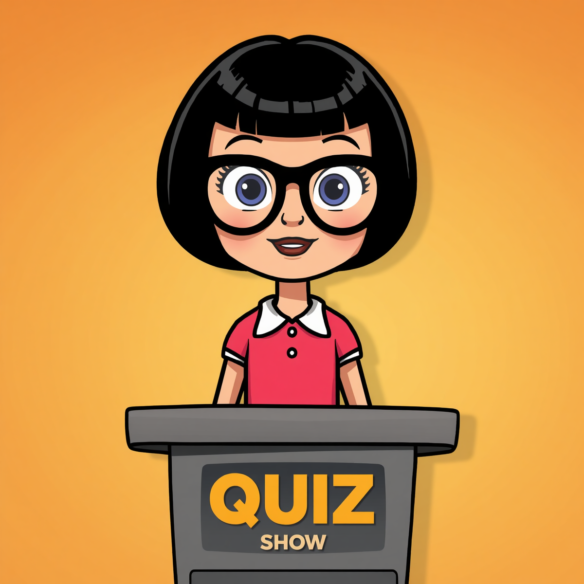 a girl with big glasses and a black bob wig standing at a podium of a quiz show done in a cartoon style.jpg