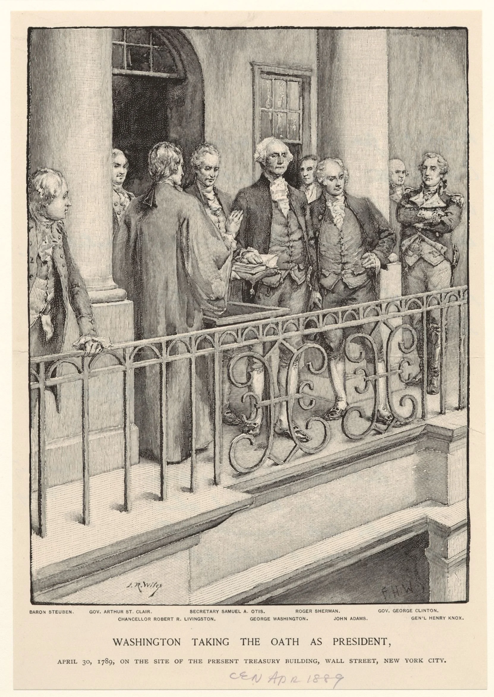 George Washington takes the oath of office and becomes America's first president. He puts his hand on a bible, standing on a balcony in New York City.