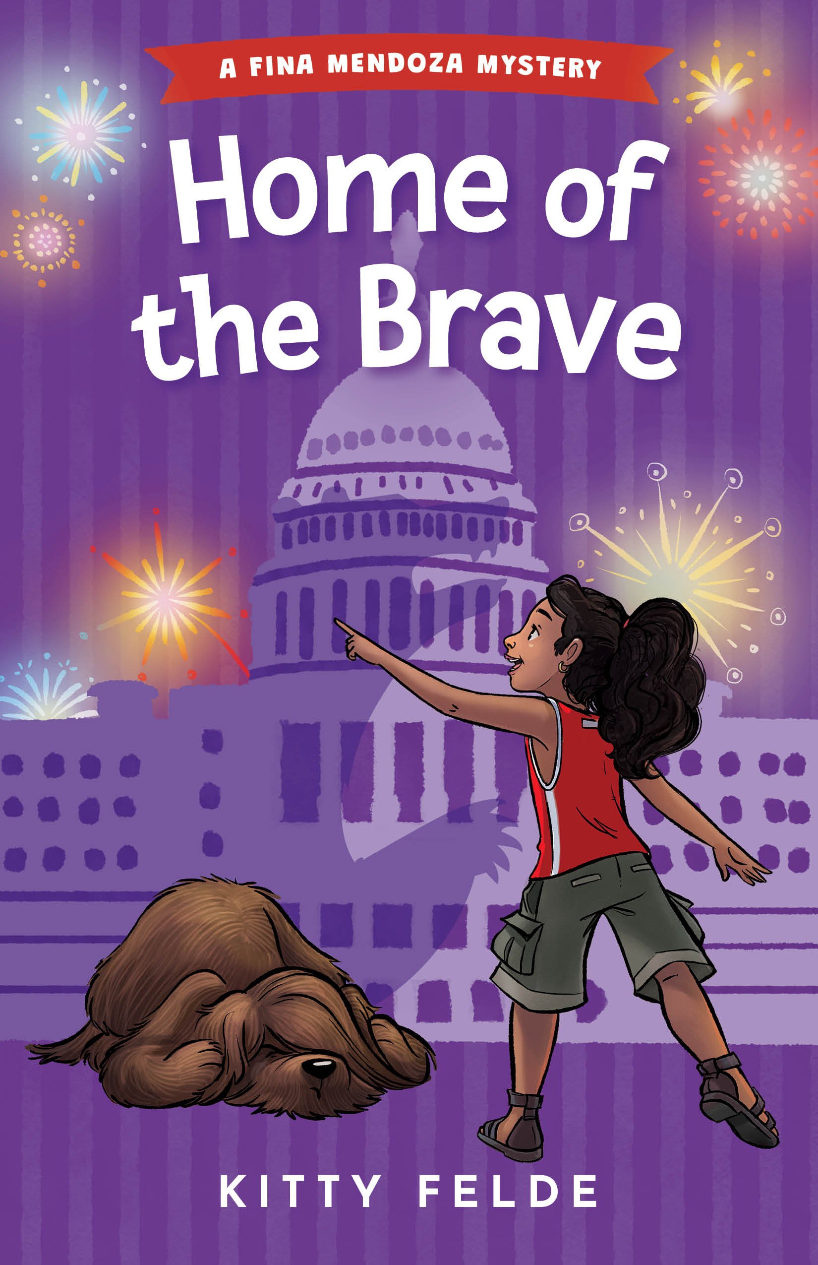 cover of book 4 in The Fina Mendoza Mysteries with fireworks over the US Capitol and Fina pointing and the dog coverint its ears