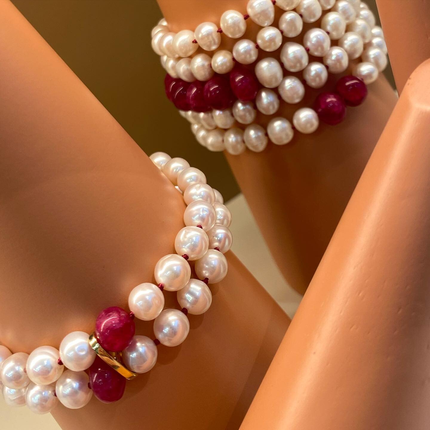 Long pearls and rubies necklace that can be worn long single, or double around the neck.

&amp;

A Pearls and rubies double strand bracelet, strung in ruby-red thread, with an 18ct gold connector.

All made from me, for you, in store, now.

Necklace: