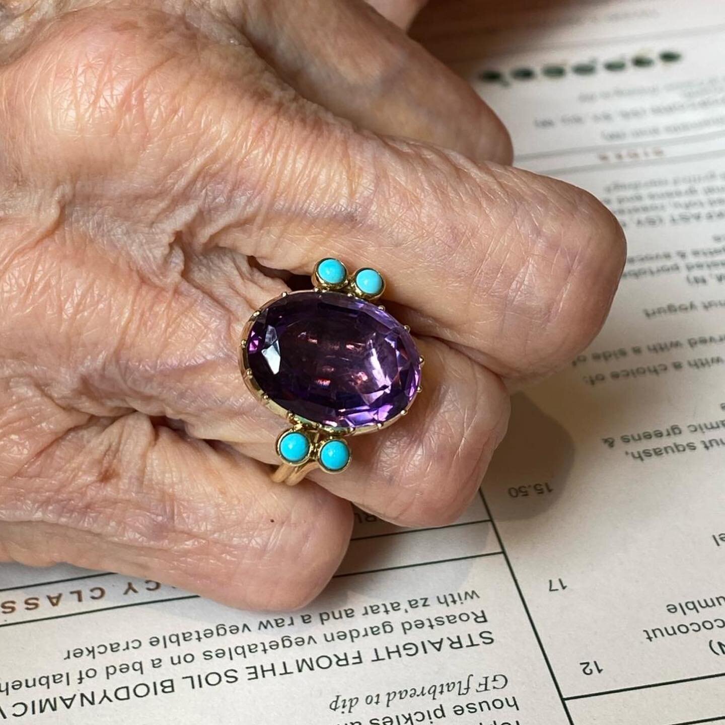 Family heirloom amethyst
One turquoise for each of Mollie&rsquo;s children
And the ring on the lady herself 

Thank you x

#sofiannijewellery #heirloomjewellery #bespokejewelrydesign #sofiannishowroom