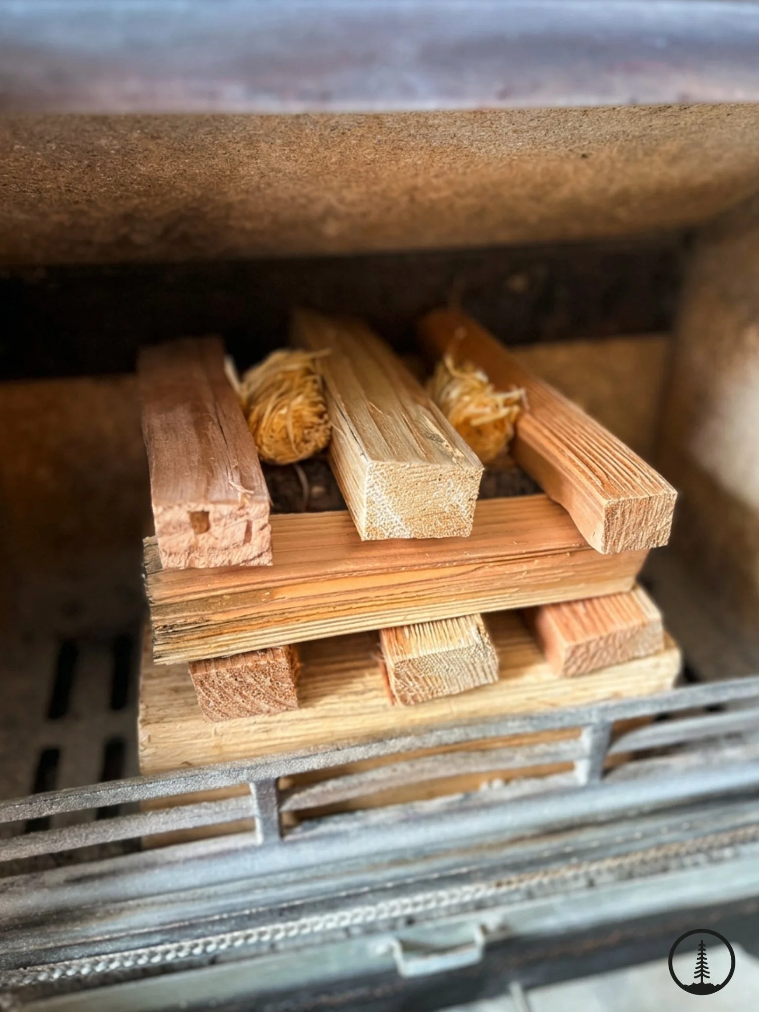 Step-by-step diagram of the top-down fire lighting method inside a wood burning stove, showing large logs at the bottom, a criss-cross grid of kindling, and eco wood wool firelighters placed on top.