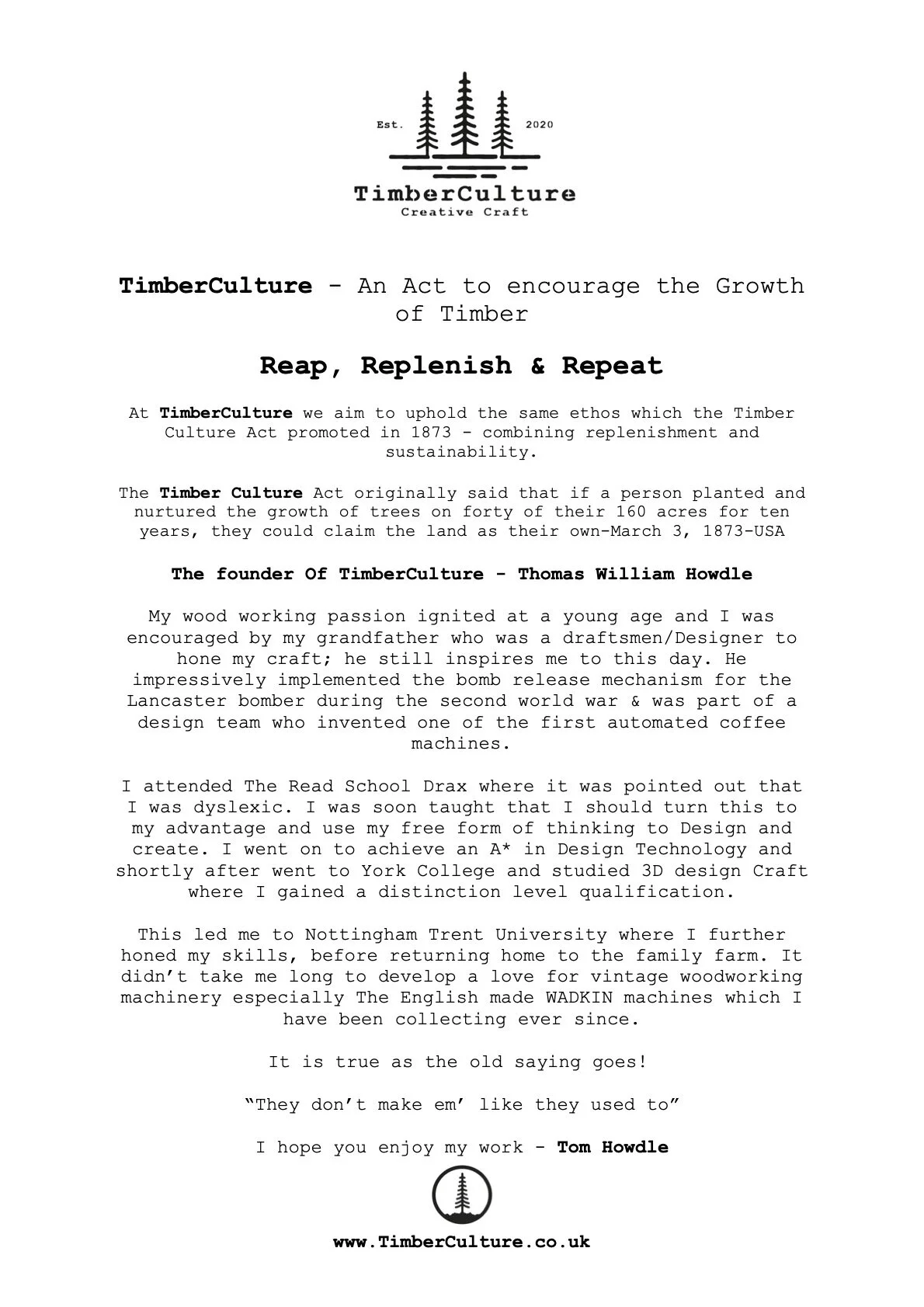 A document about TimberCulture, featuring a logo with three pine trees at the top, explaining the history and ethos of TimberCulture, founded by Tom Howdle, and including a website URL www.TimberCulture.co.uk.