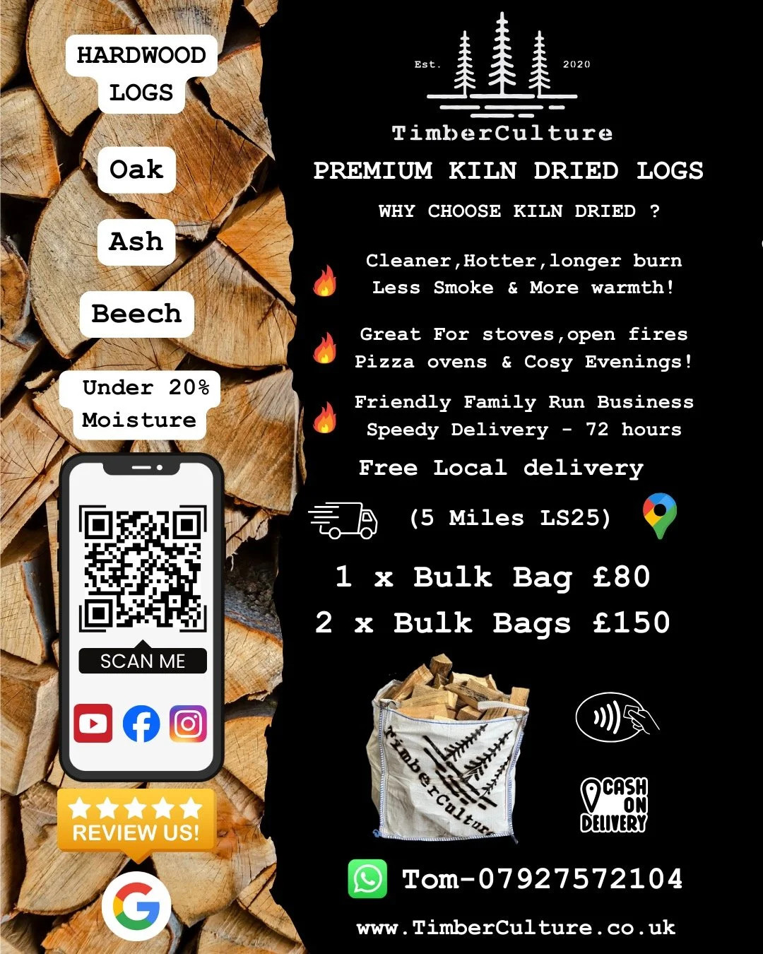 Premium Kiln Dried Logs Delivered to your Door 🪵 

- Use our new TimberCulture App to order

- Scan the QR code or link in Bio 

- Use Discount Code SPRING10 for 10% Discount 

- Express Checkout with Apple &amp; Google pay