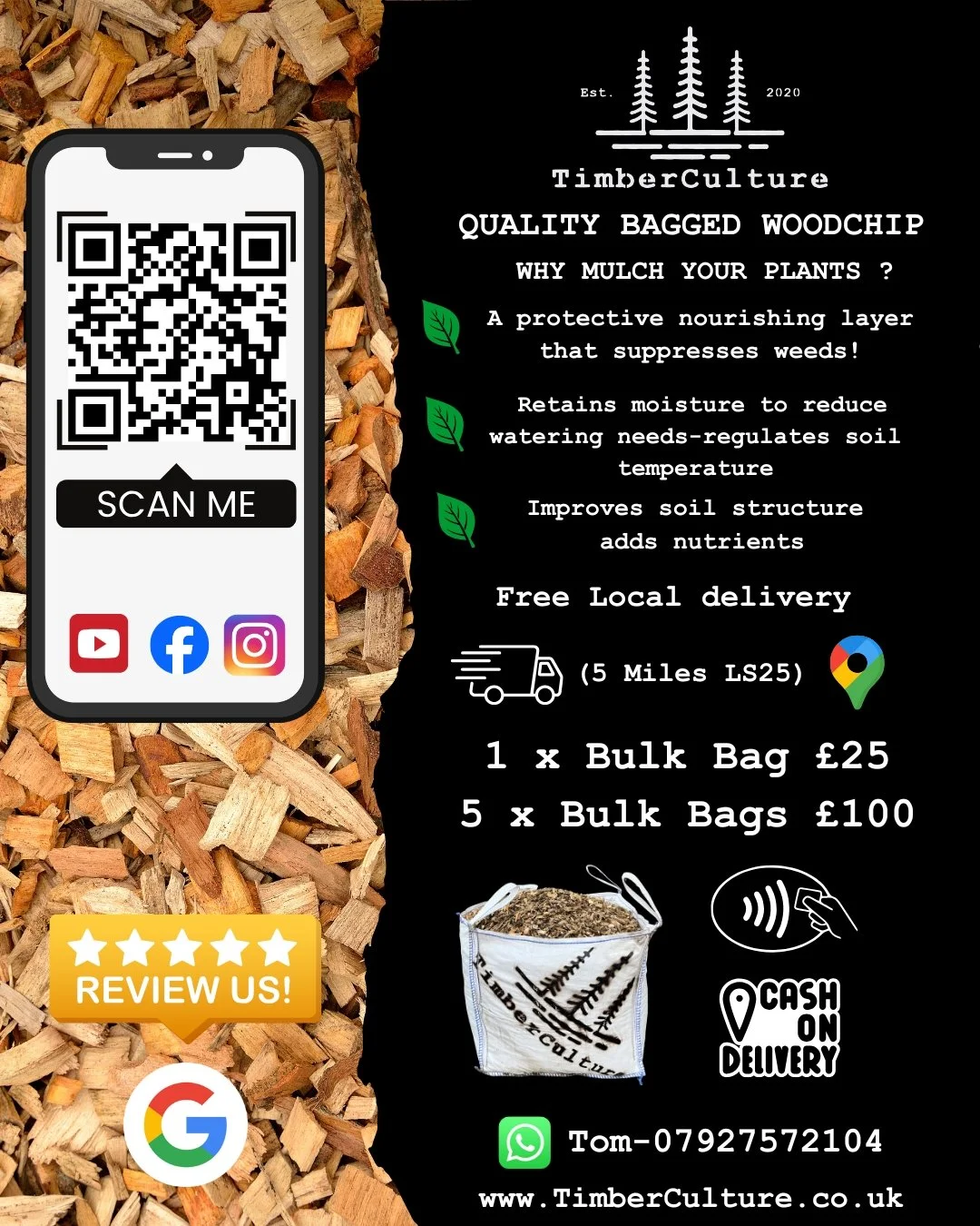 Level up your garden game with our quality bagged woodchip! 🌿 

Why mulch? 

✅ Suppresses weeds

✅ Retains moisture 

✅ Regulates soil temp

✅ Adds vital nutrients 

Ready to order? 
It&rsquo;s easier than ever! 📲Scan the QR code on our flyer to or