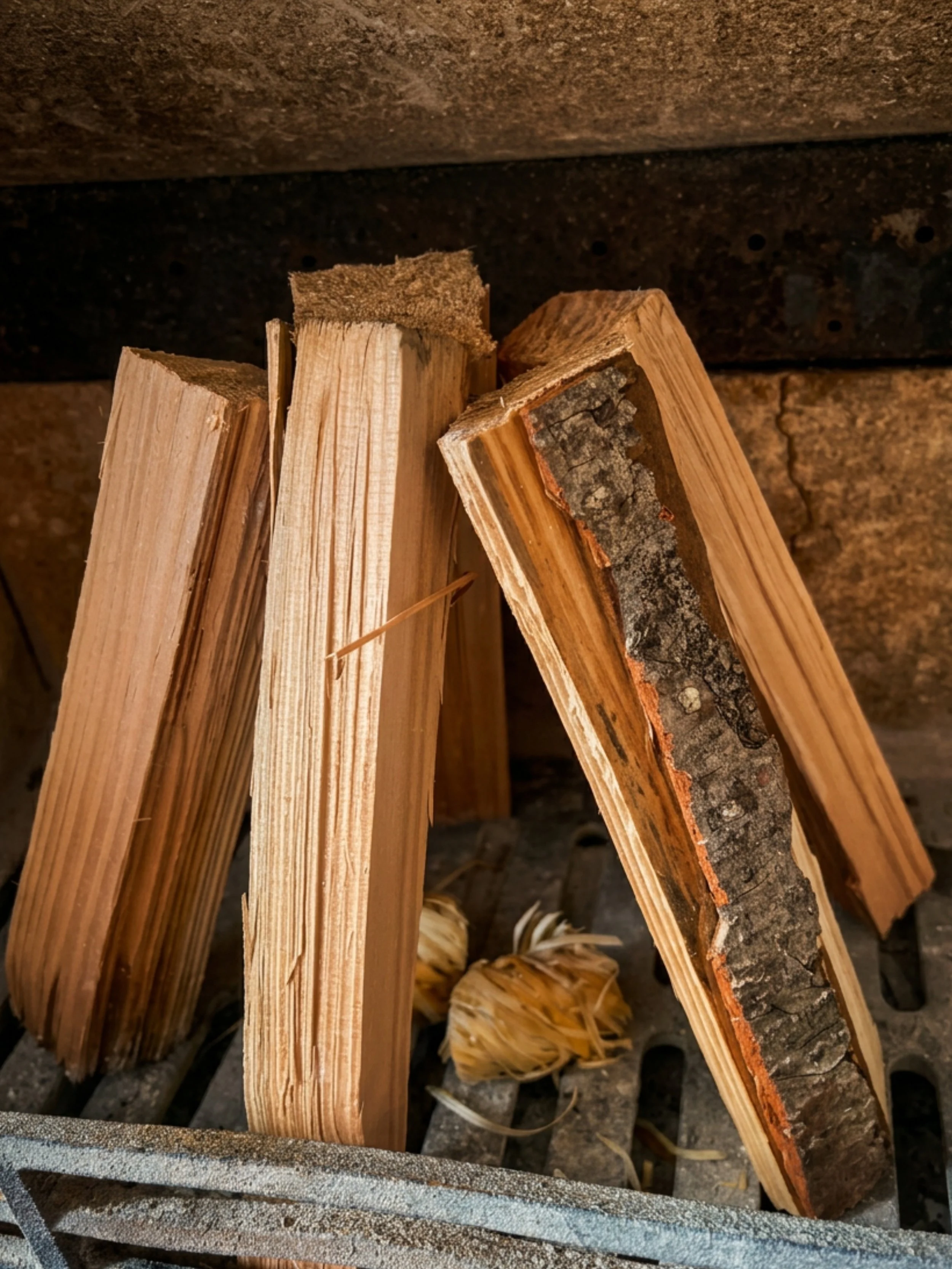 Close-up of the teepee fire lighting method, showing kindling wood stacked vertically in a cone shape around a firelighter with kiln-dried firewood logs resting on the outside.