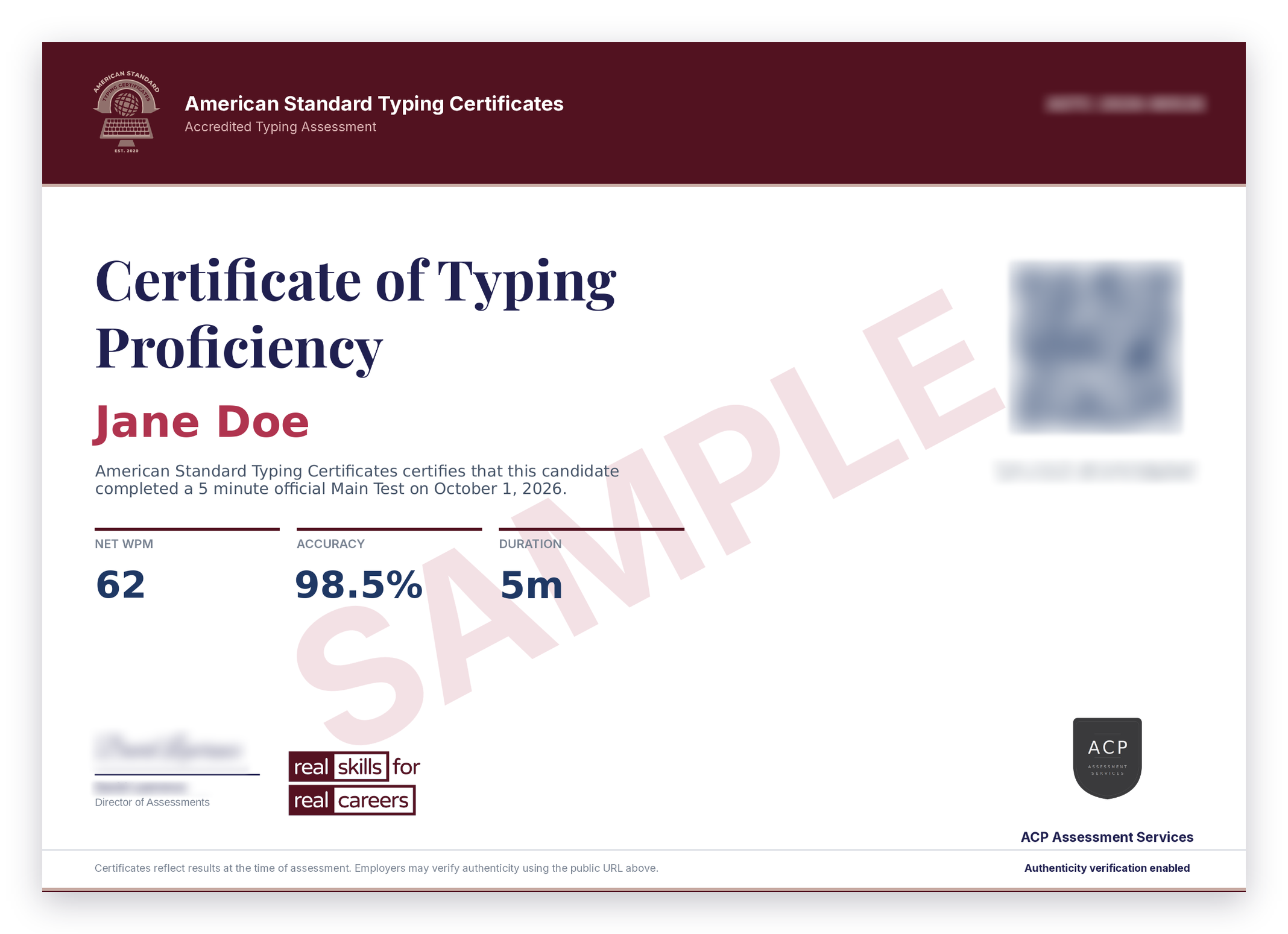 Sample American Standard Typing Certificate, page 1