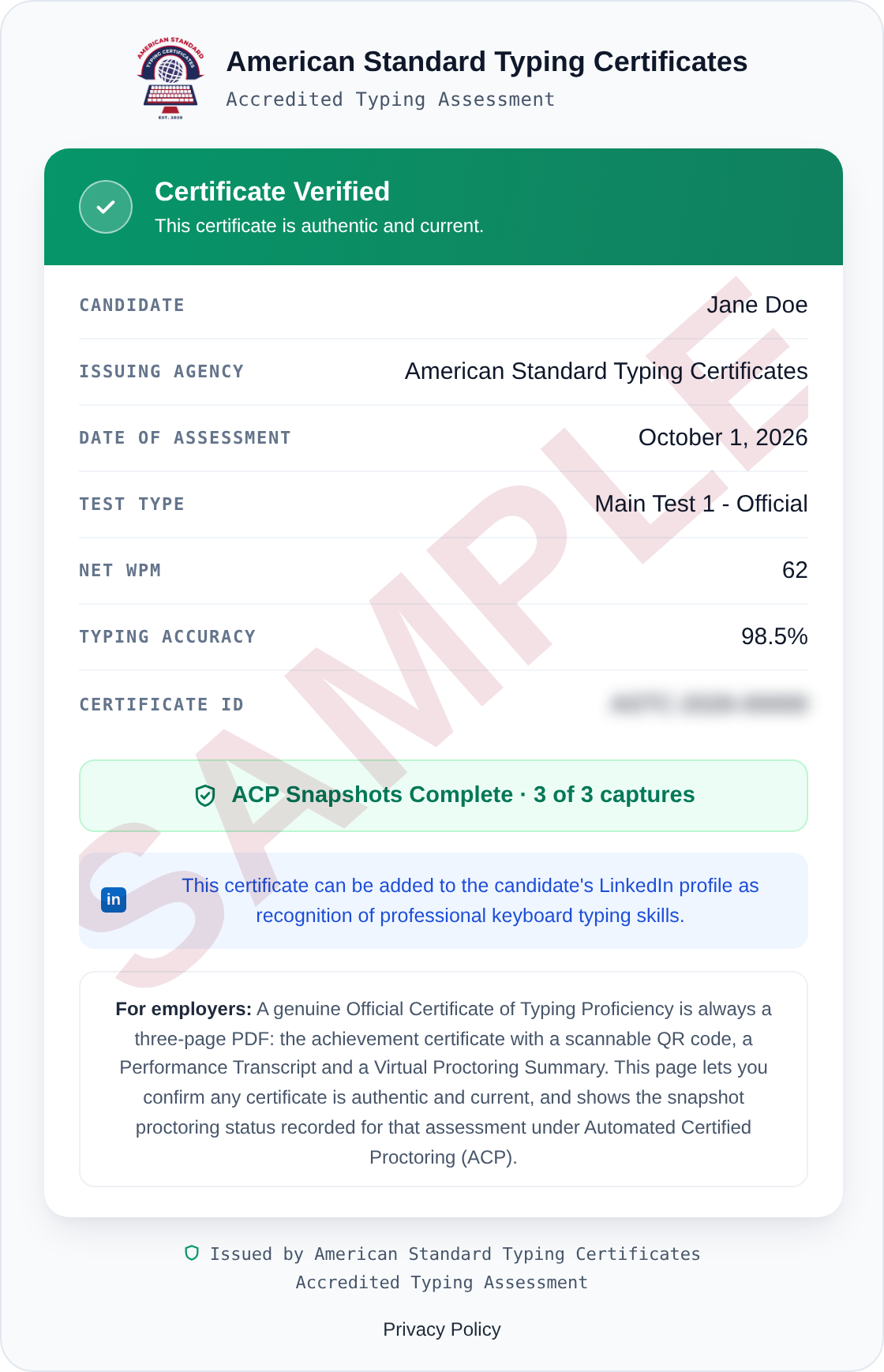 Sample verification page for AmericanStandard Typing Certificate result, marked sample