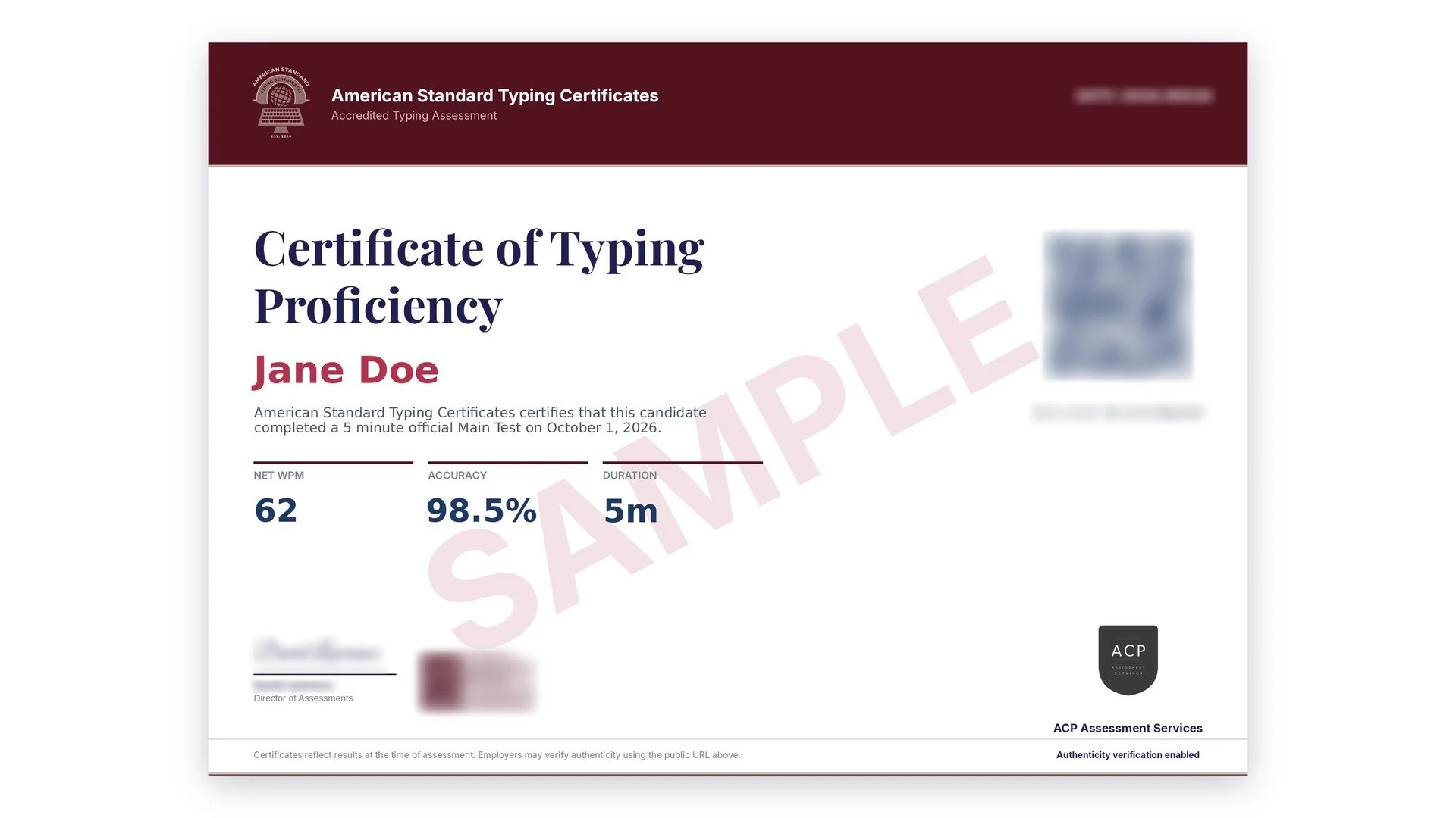 Sample American Standard Typing Certificate showing 62 Net WPM and 98.5% accuracy