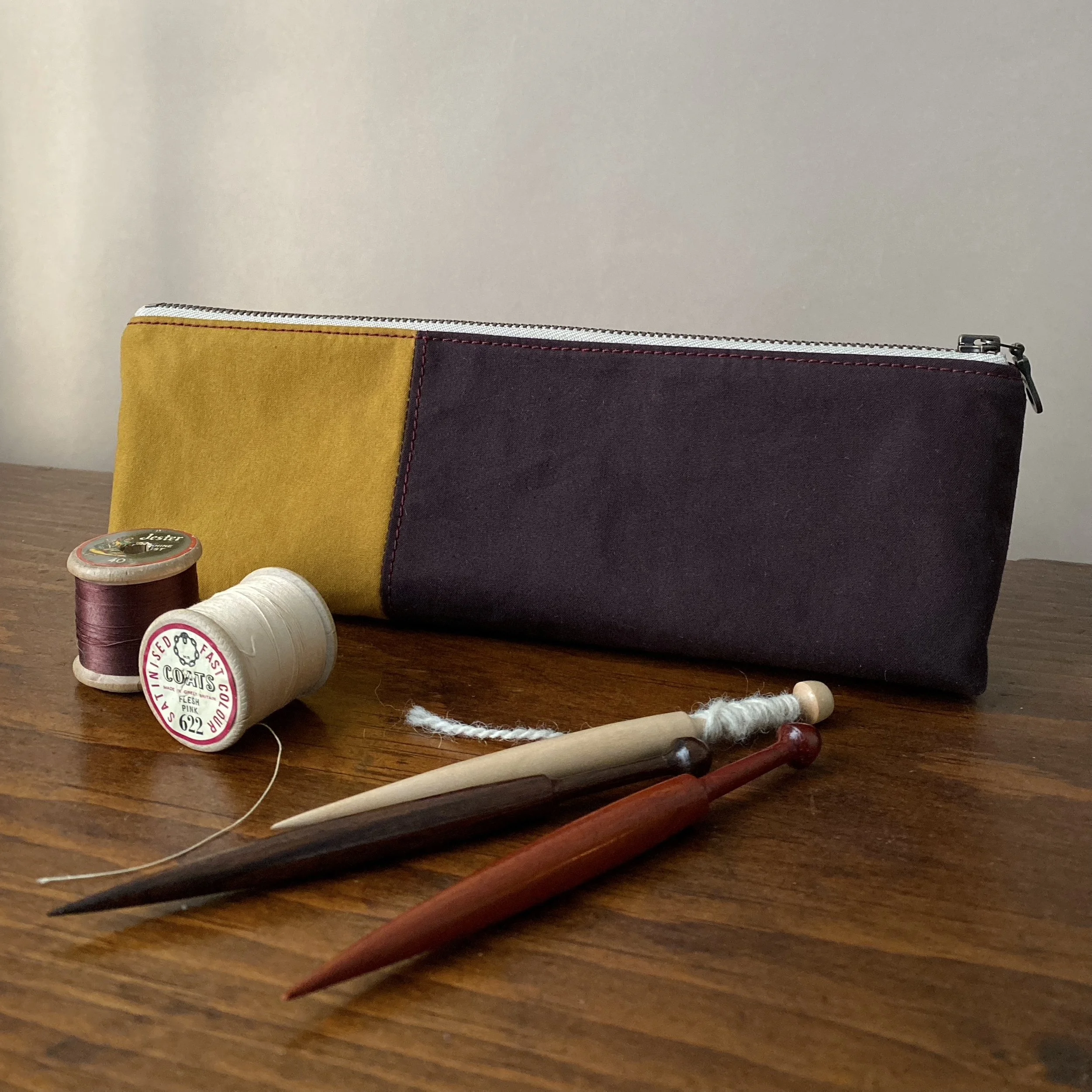 Cumin & Deep Burgundy Waxed Cotton Pencil Case