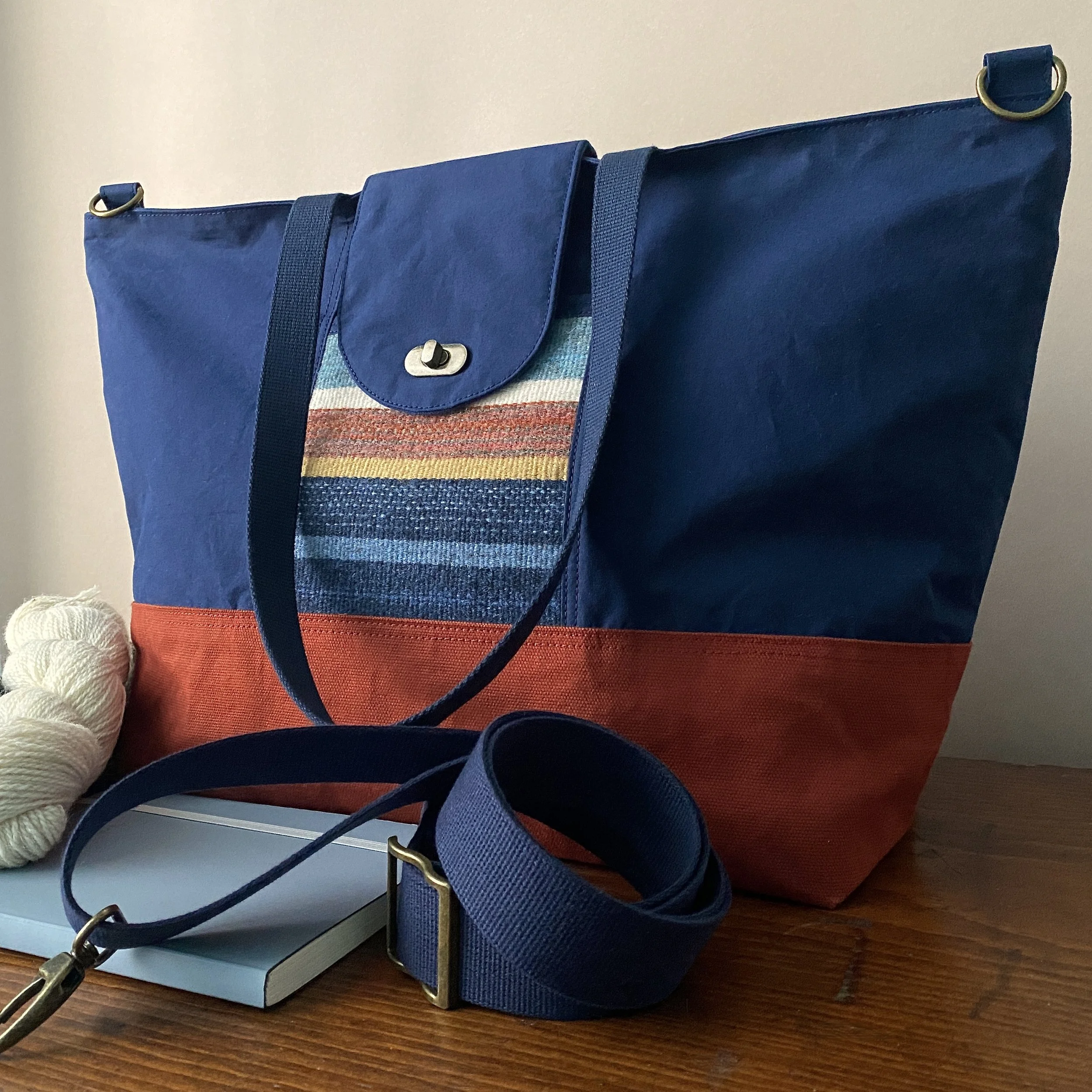 Navy & Rust Waxed Canvas Large Tote Bag with Handwoven Wool Panel