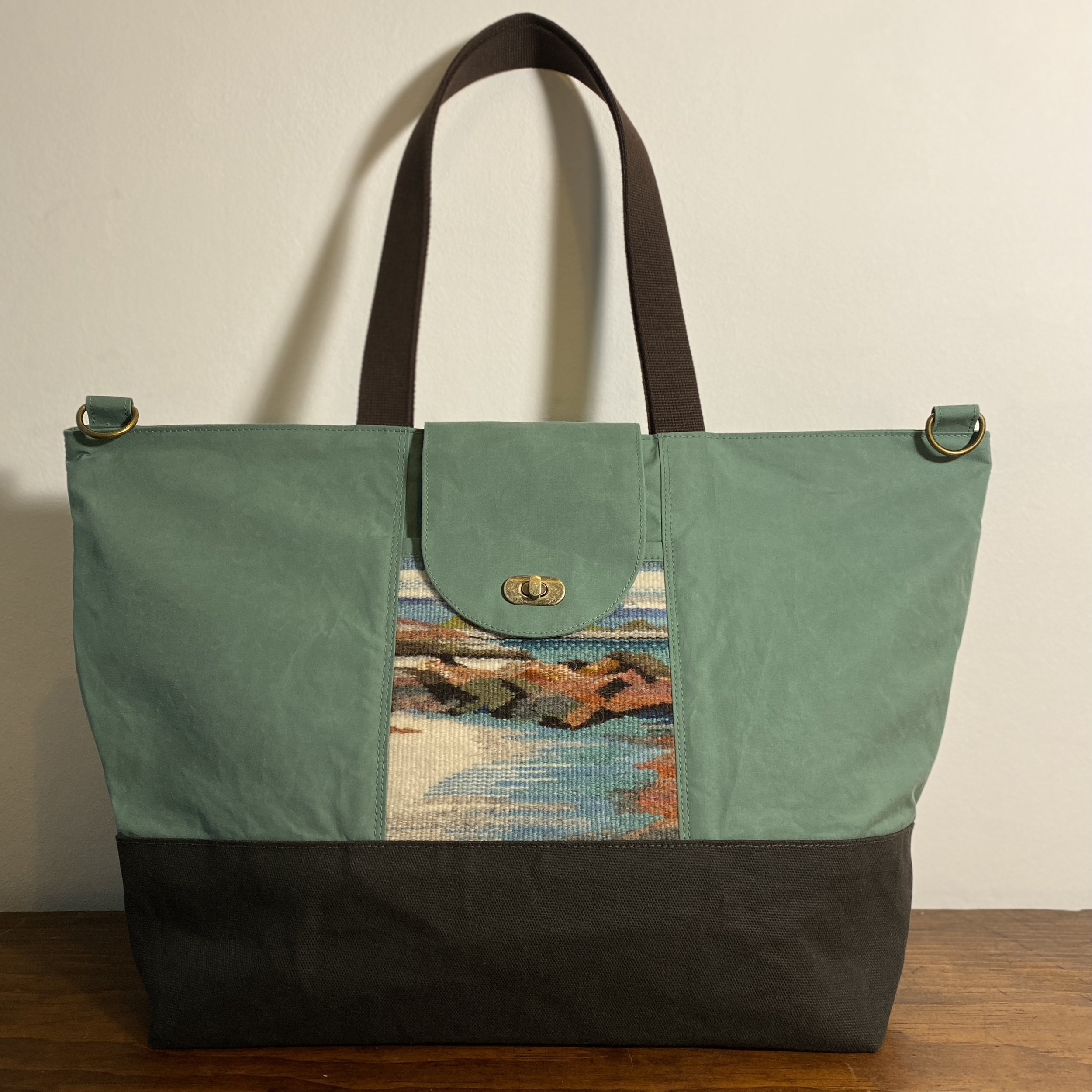 large waxed canvas green teal & olive tote bag front | Iona beach collection.JPG