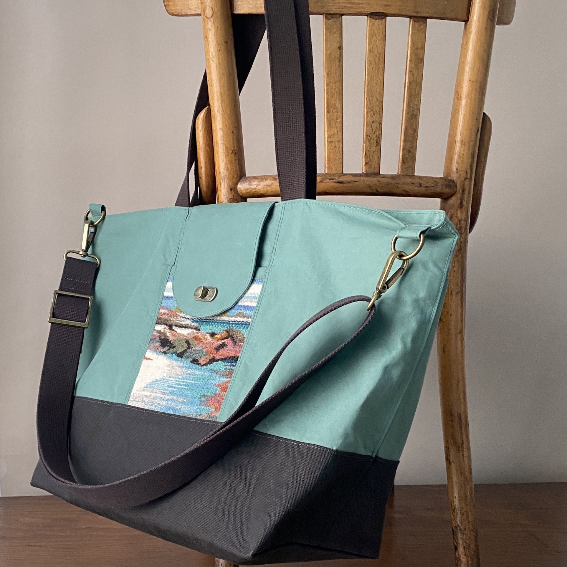Green Teal & Olive large waxed canvas tote bag hanging| Iona Beach Collection.JPG