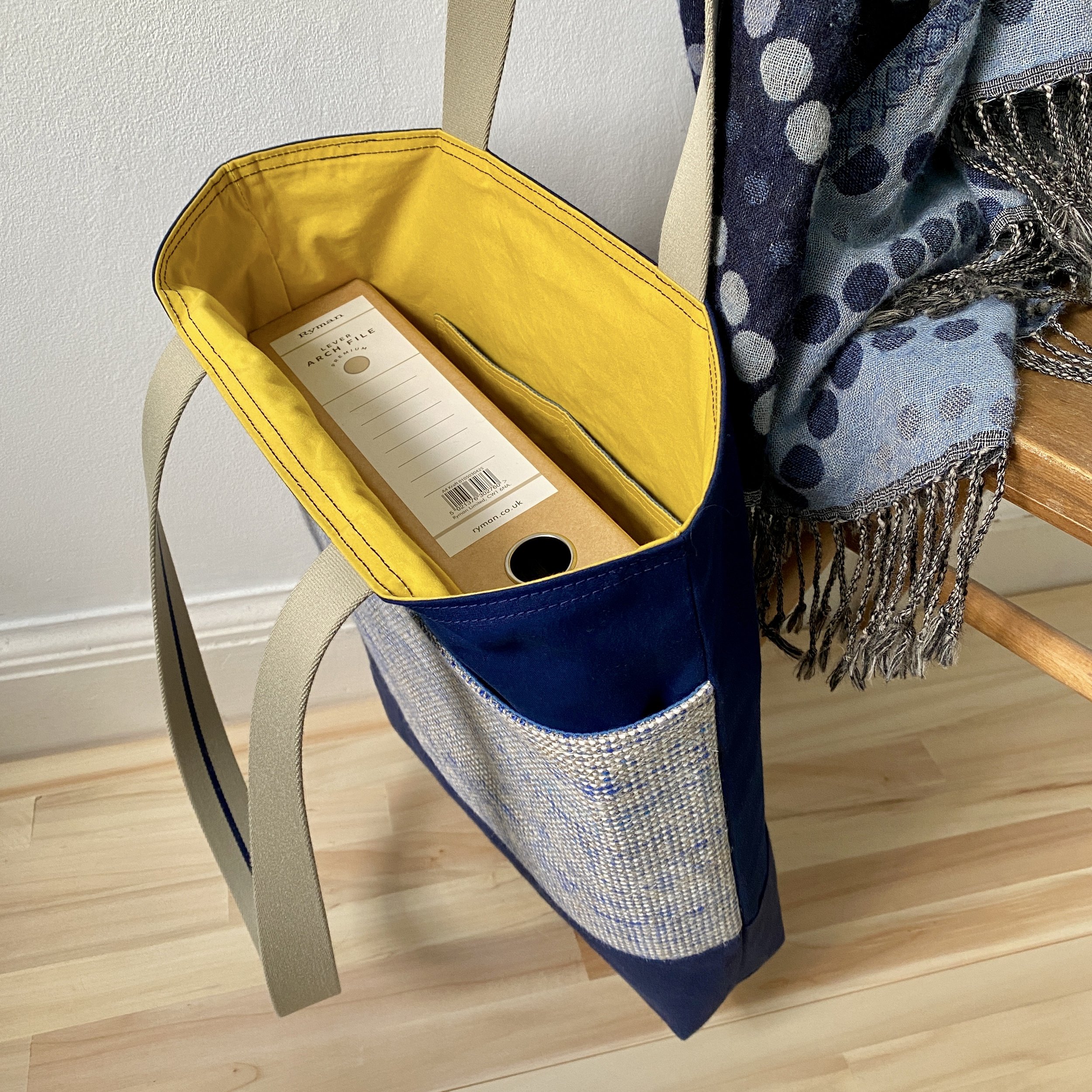 Deep Royal Blue Waxed Cotton & Scottish Linen Tote Bag with yellow interior | Mortar & Stitch.JPG