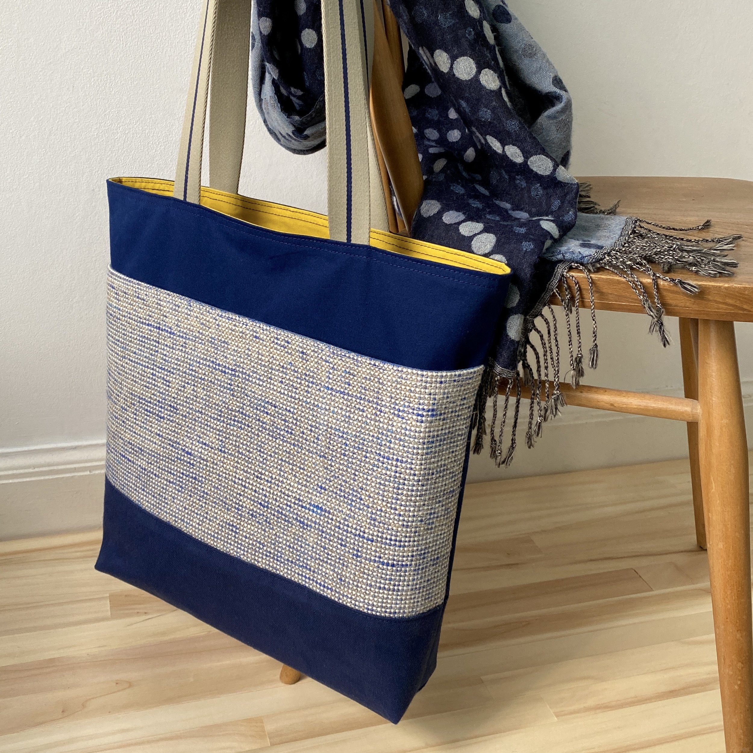 Royal Blue Dry Waxed Cotton & Scottish Linen Tote Bag hanging on chair | Mortar & Stitch.JPG