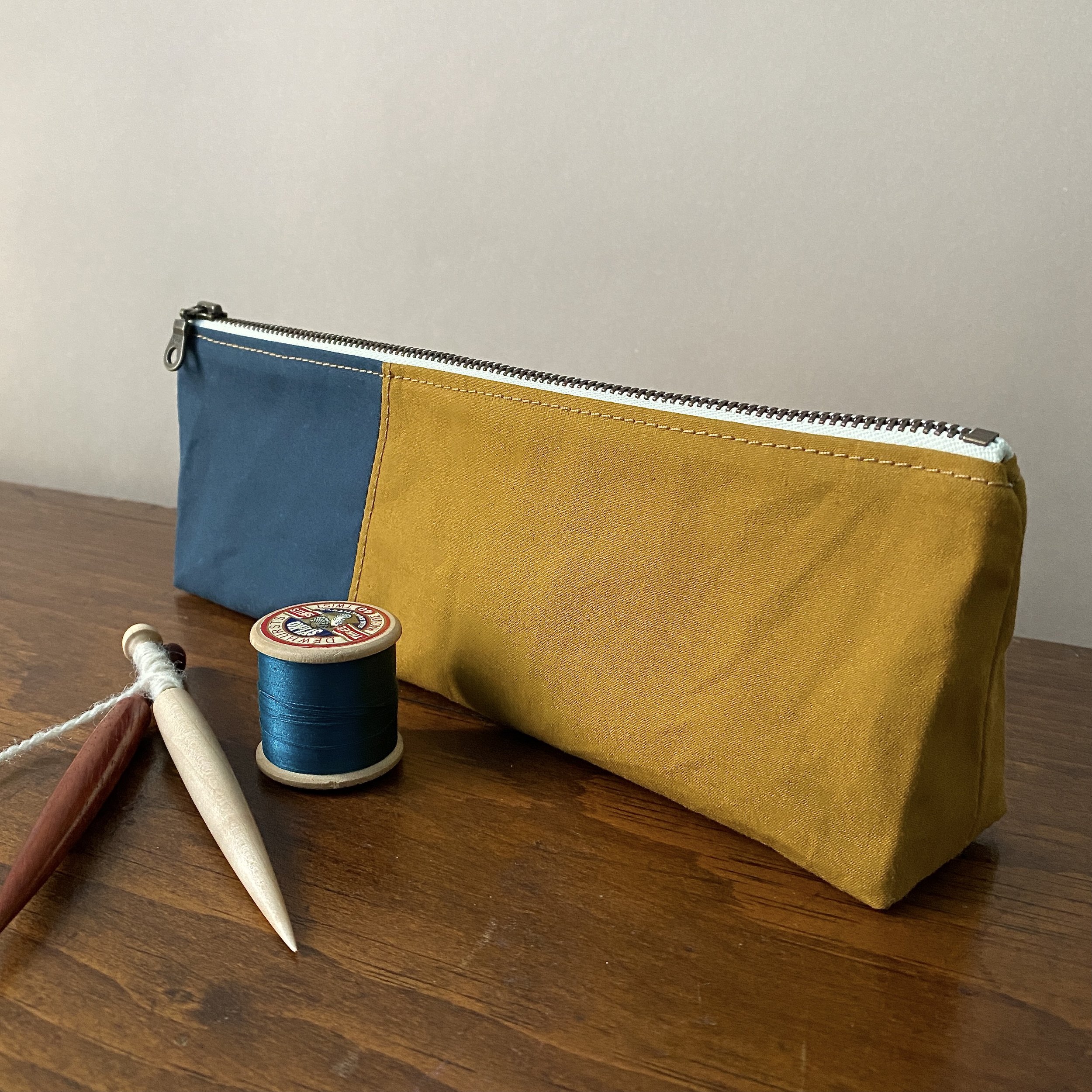Cumin Yellow & Navy waxed cotton pencil case.JPG