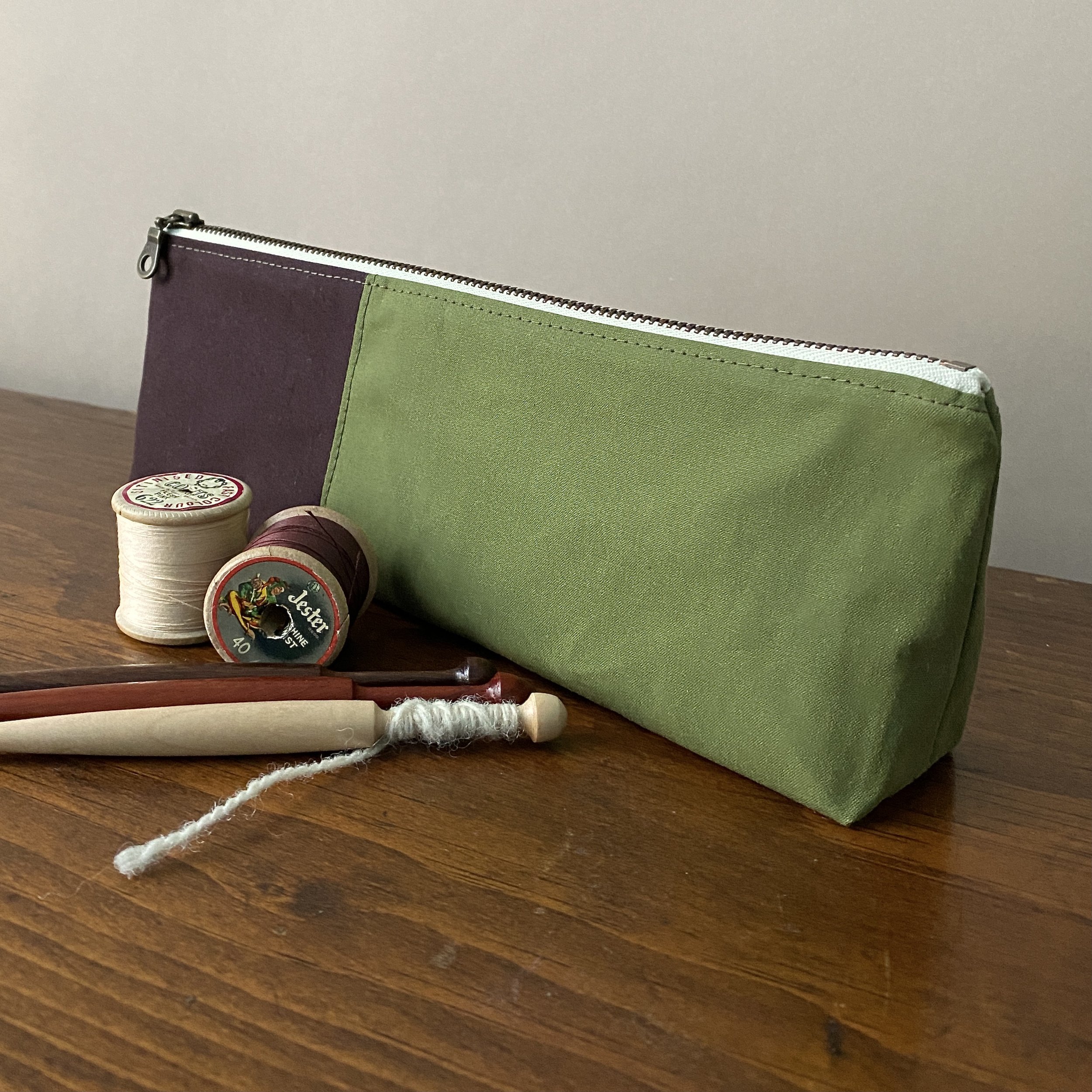 Grass Green & Burgundy wax cotton pencil case.JPG