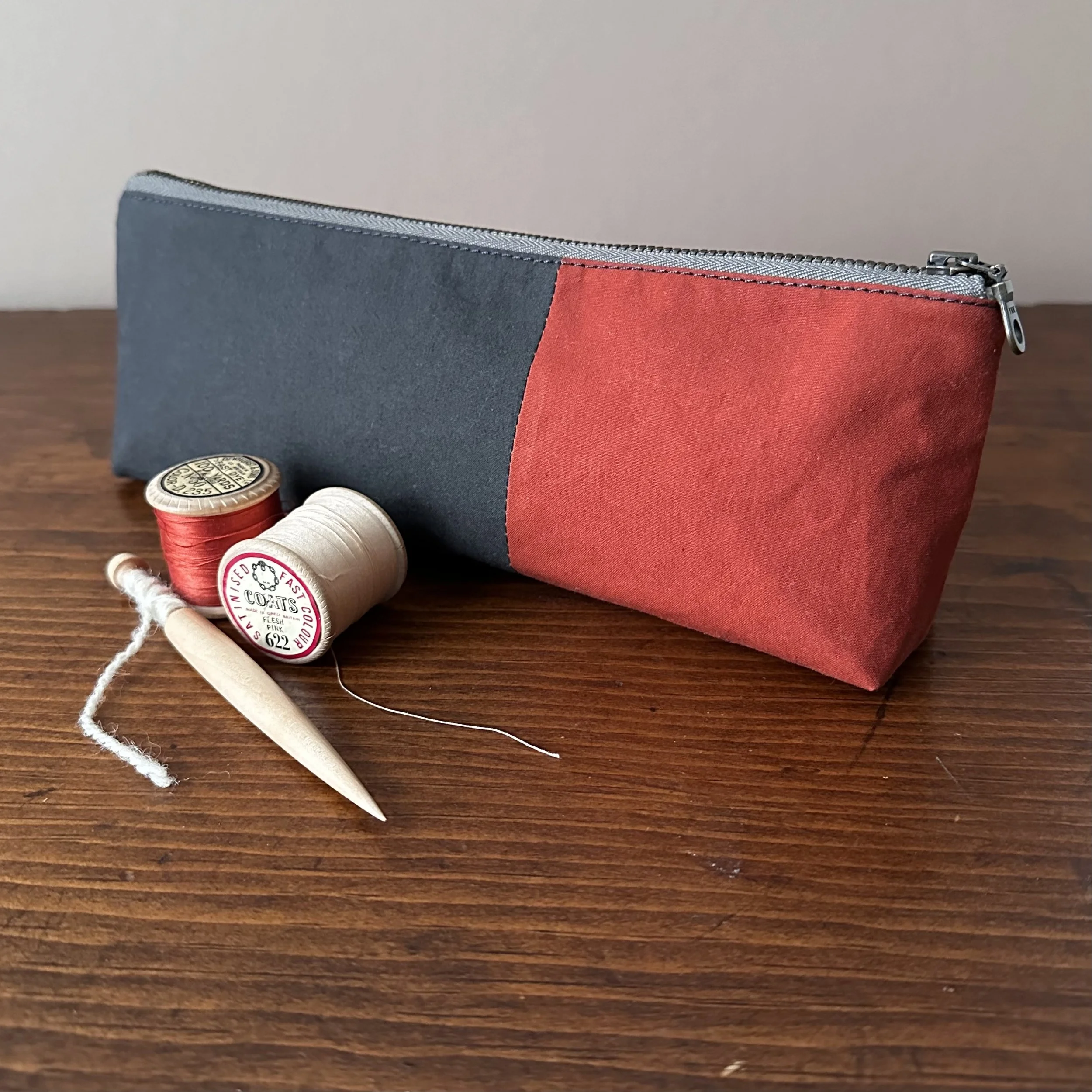 Dark Green Slate & Rust Waxed Cotton Pencil Case