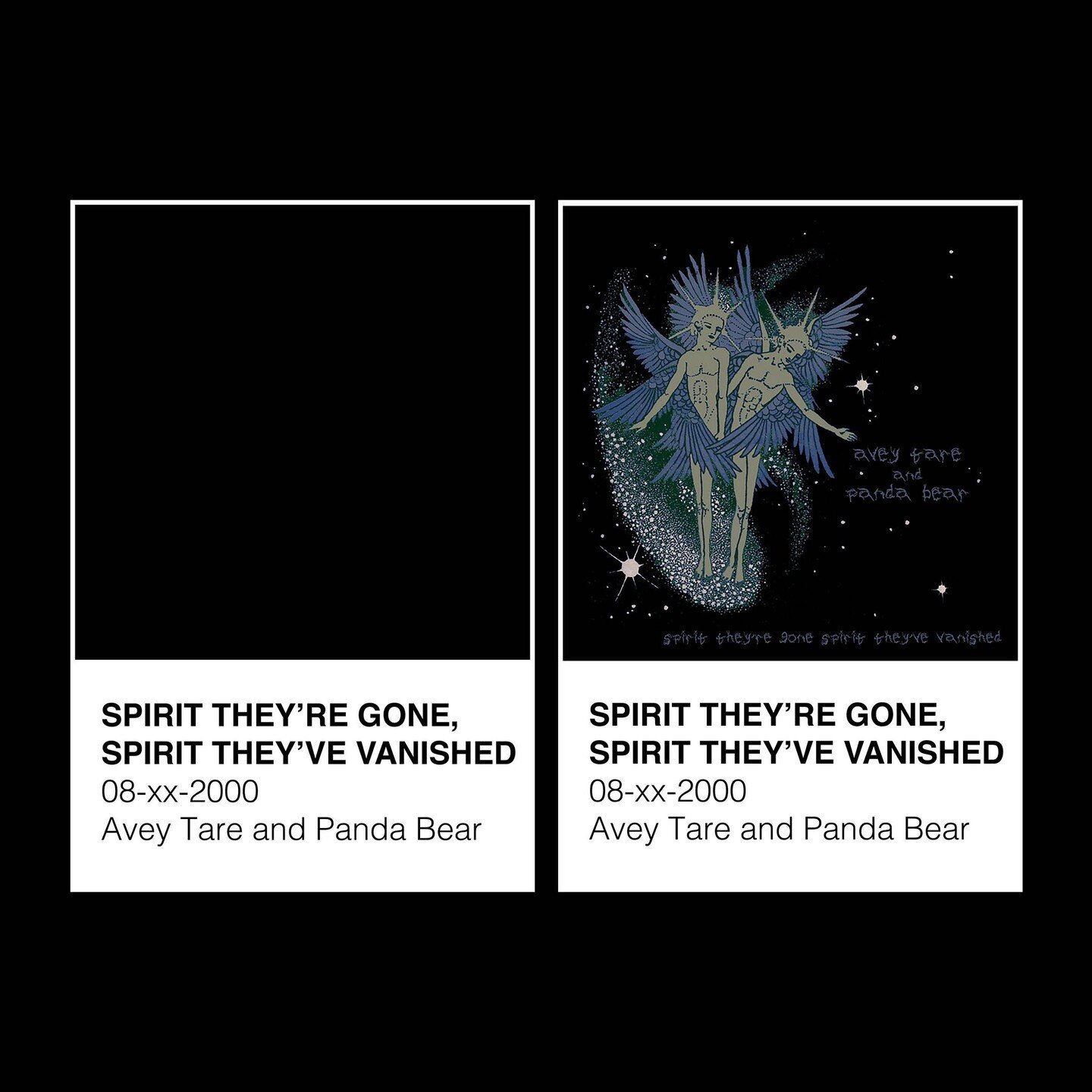 Spirit They're Gone, Spirit They've Vanished by Avey Tare &amp; Panda Bear, released August 2000 on Paw Tracks⁠
⁠
Hex: #000000⁠
⁠
#aveytare #pandabear #animalcollective #spirittheyregone #spirittheyvevanished #albumart #albumcover #pantone