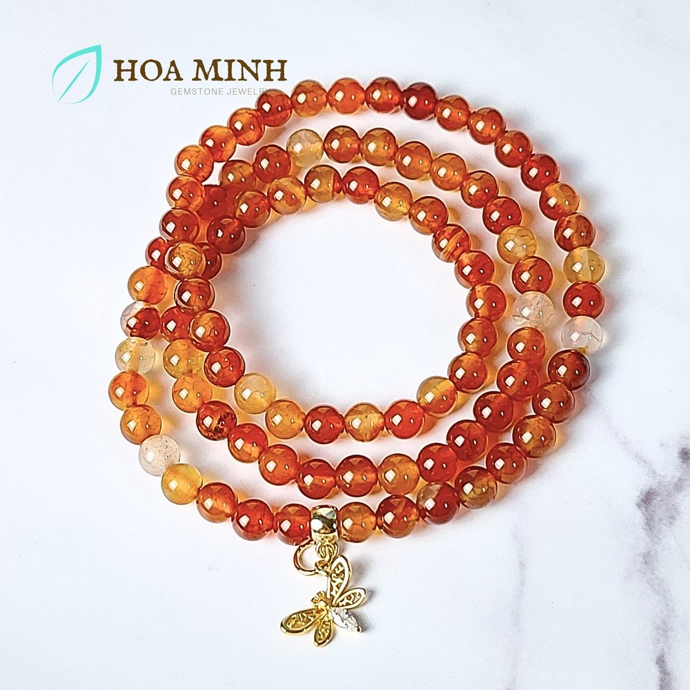 Vòng tay phong thủy đá Mã Não cam vân rồng size 6 li phối charm bướm ...