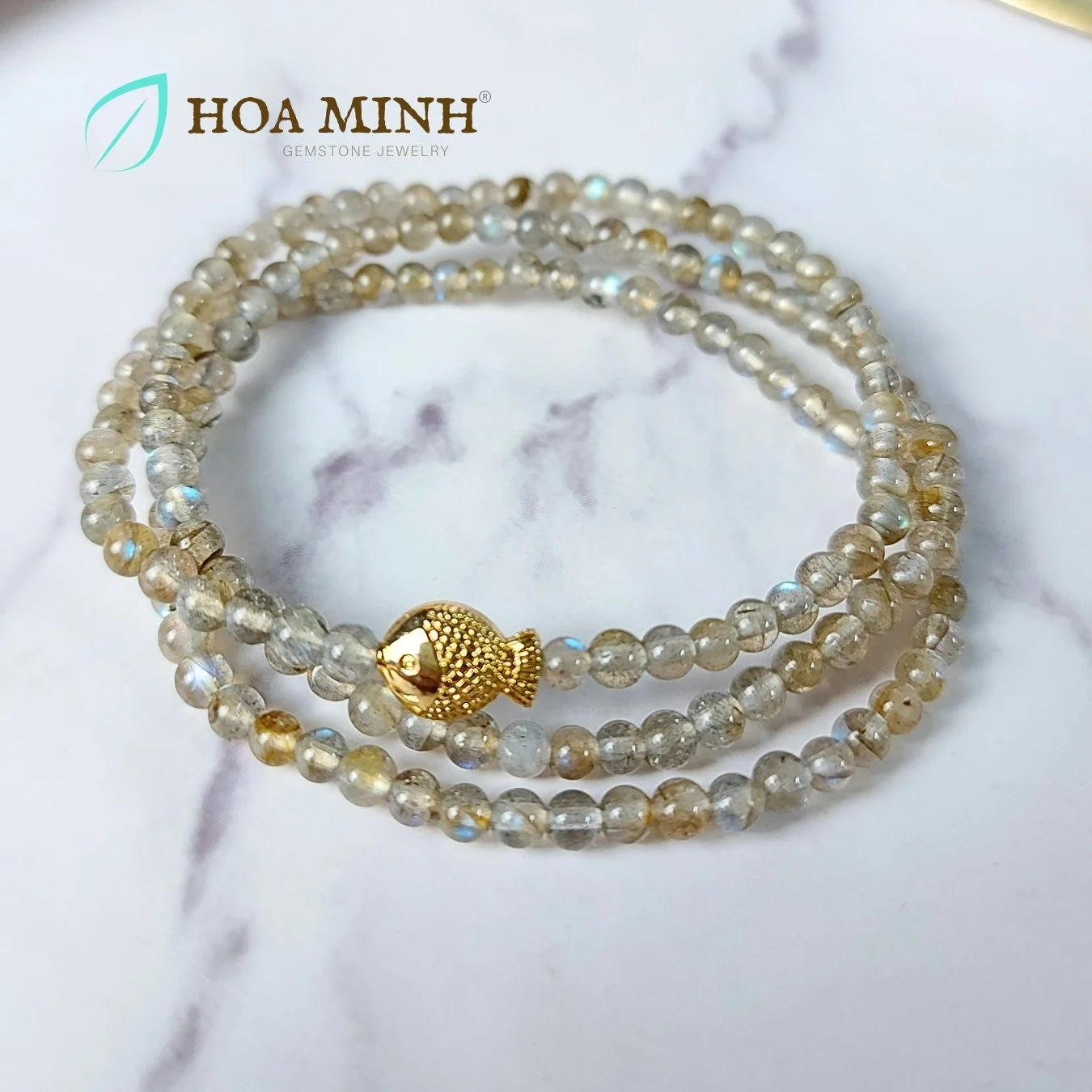 Vòng tay quấn 3 đá Hắc Nguyệt Quang Labradorite size hạt mini 3.7 li phối charm cá chép vàng xinh xắn