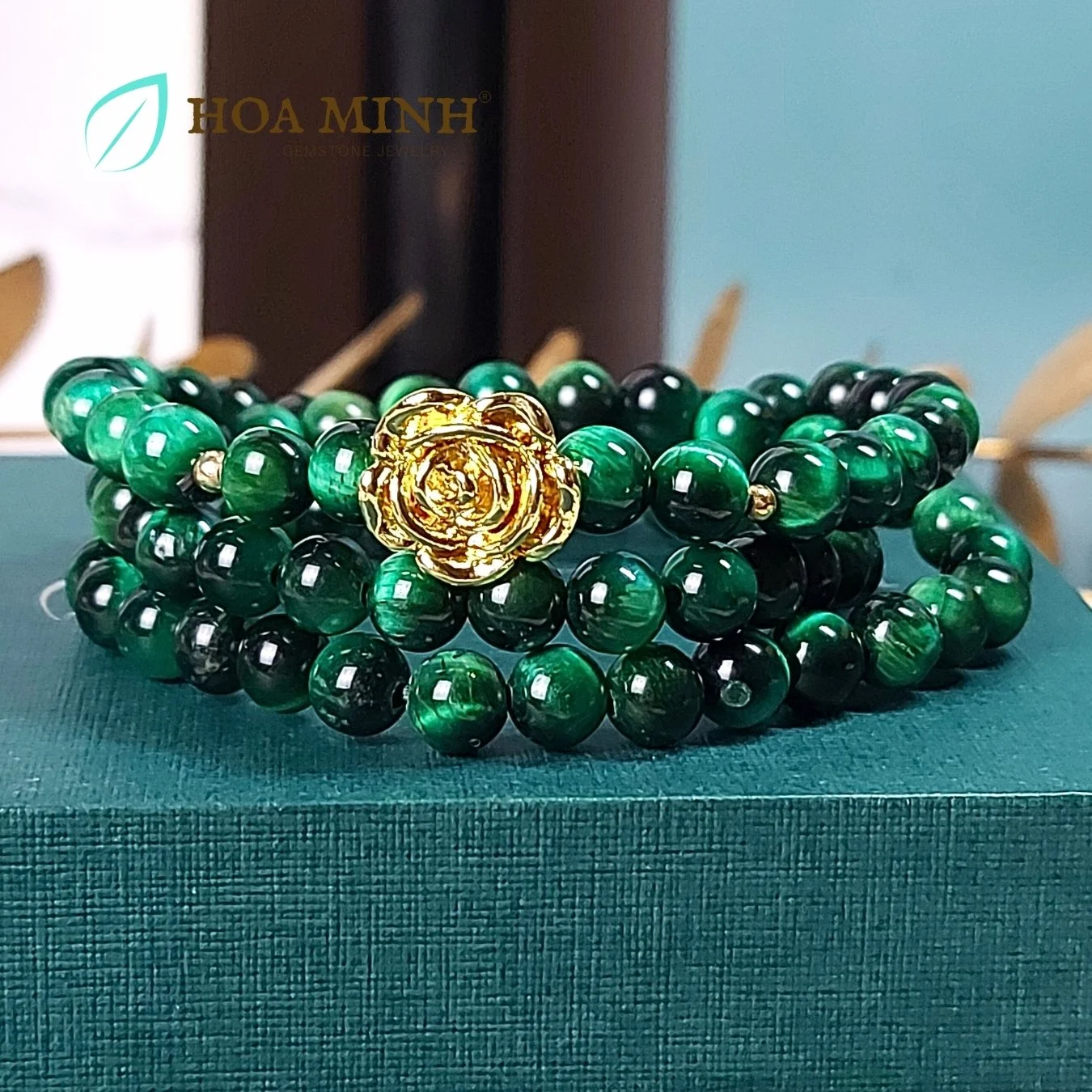 Vòng tay phong thủy chuỗi quấn 3 đá Mắt Hổ xanh lá (có xử lý) size hạt 6 li phối charm hoa hồng vàng xi, hợp mệnh Mộc Hỏa