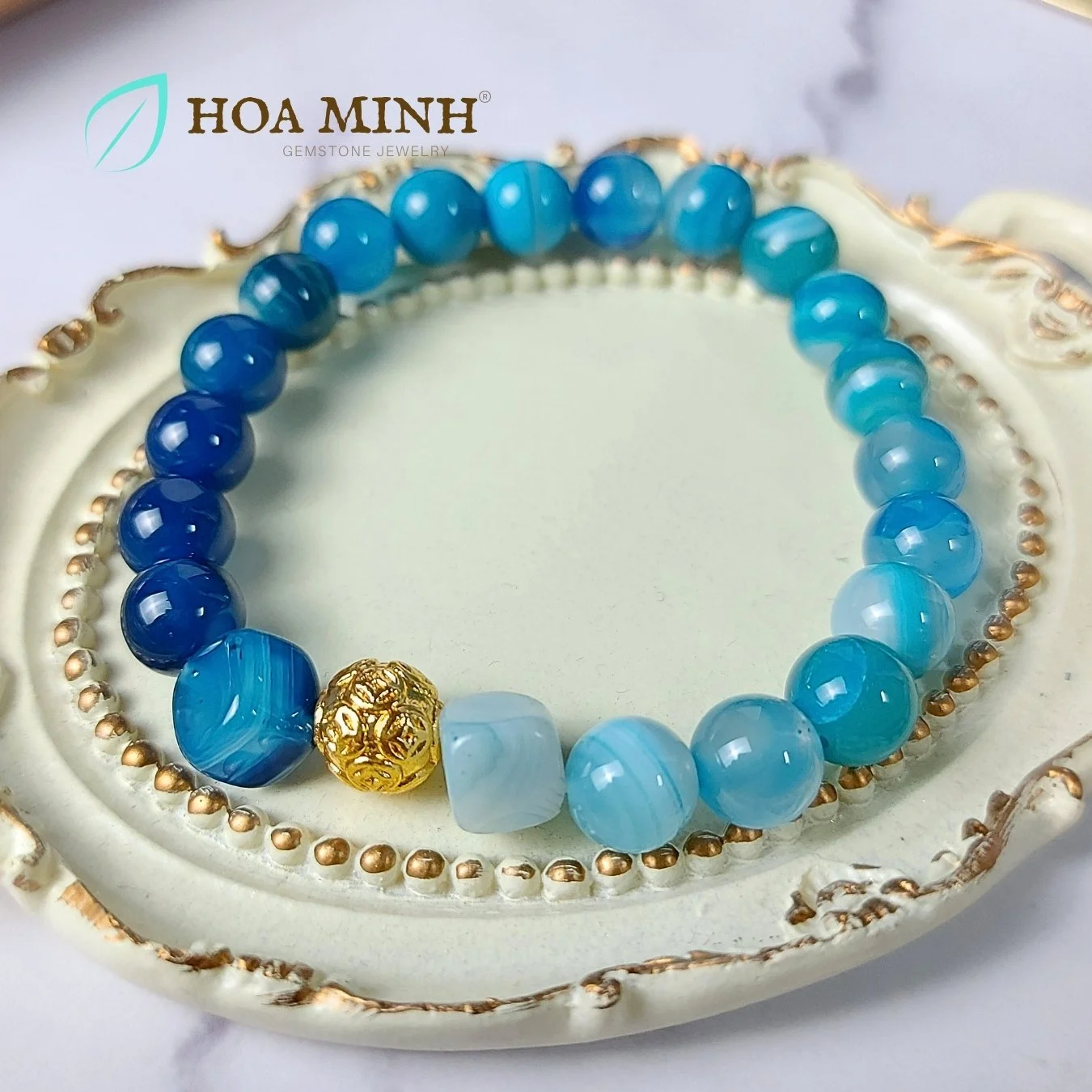 Vòng tay phong thủy đá Mã Não xanh vân size 8 li phối viên mã não vân vuông, charm bi tiền vàng