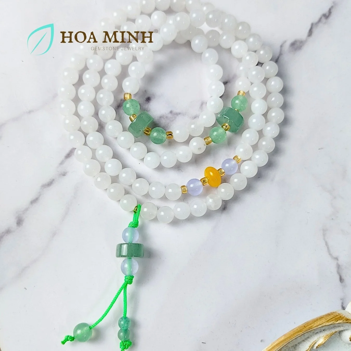 Vòng tay chuỗi 108 hạt đá Mã Não trắng size hạt 6 li phối Aventurine phong cách an nhiên, thanh khiết