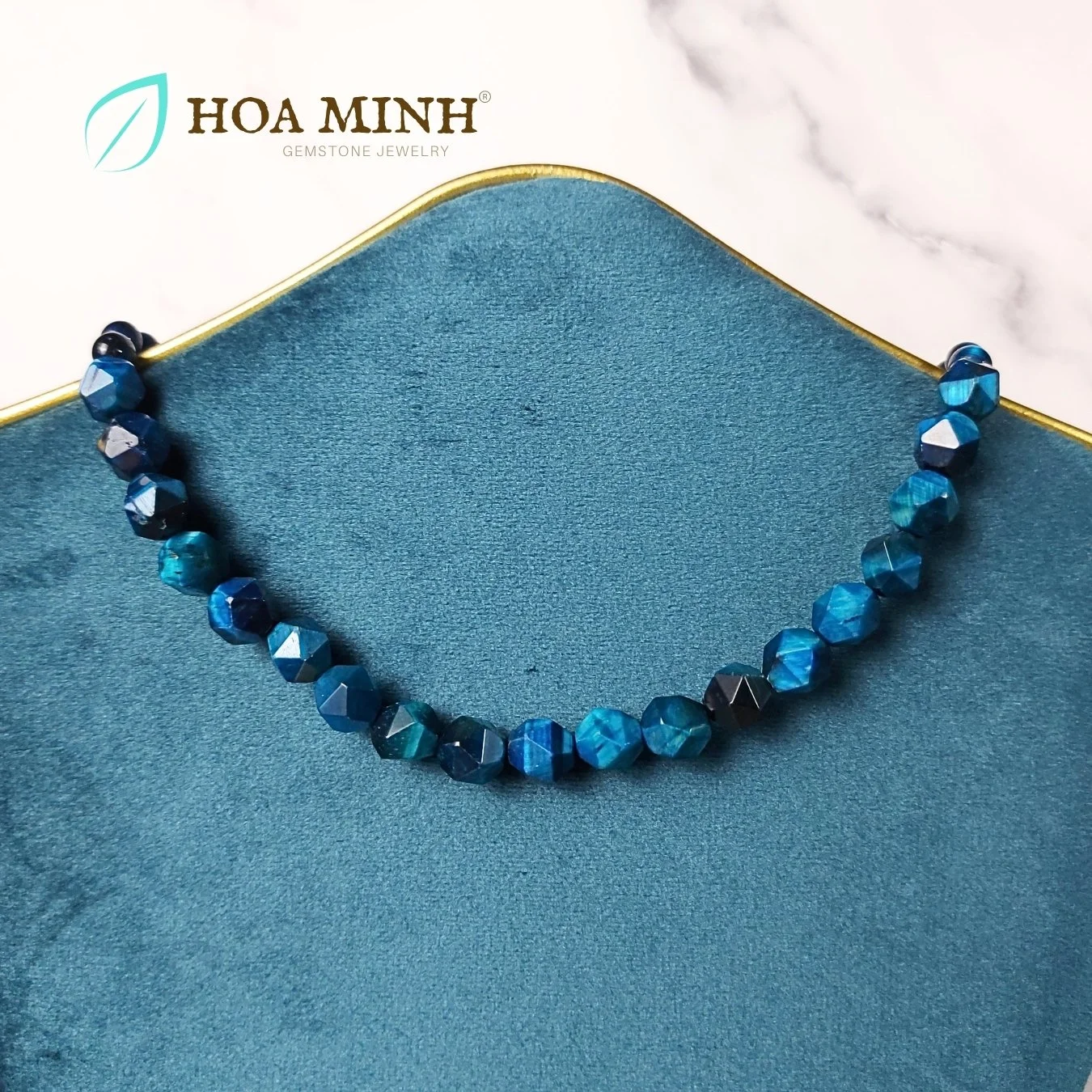 Chuỗi đeo cổ Choker đá Mắt Hổ màu xanh dương (có xử lý) kiểu hạt cắt giác phối viên tròn 6 li -9.5 li phong cách độc đáo, sang trọng