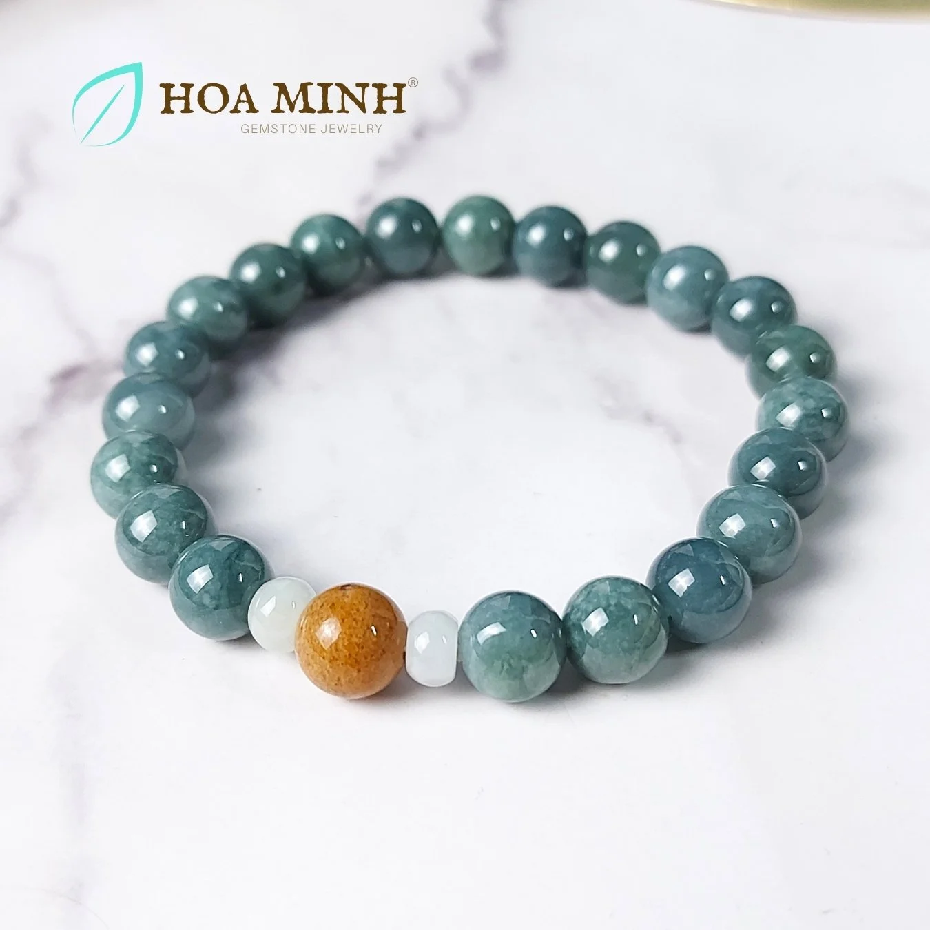 Vòng tay Cẩm Thạch Lam Ngọc size hạt 8 li phối bánh xe cẩm thạch, viên đá thạch anh ưu linh