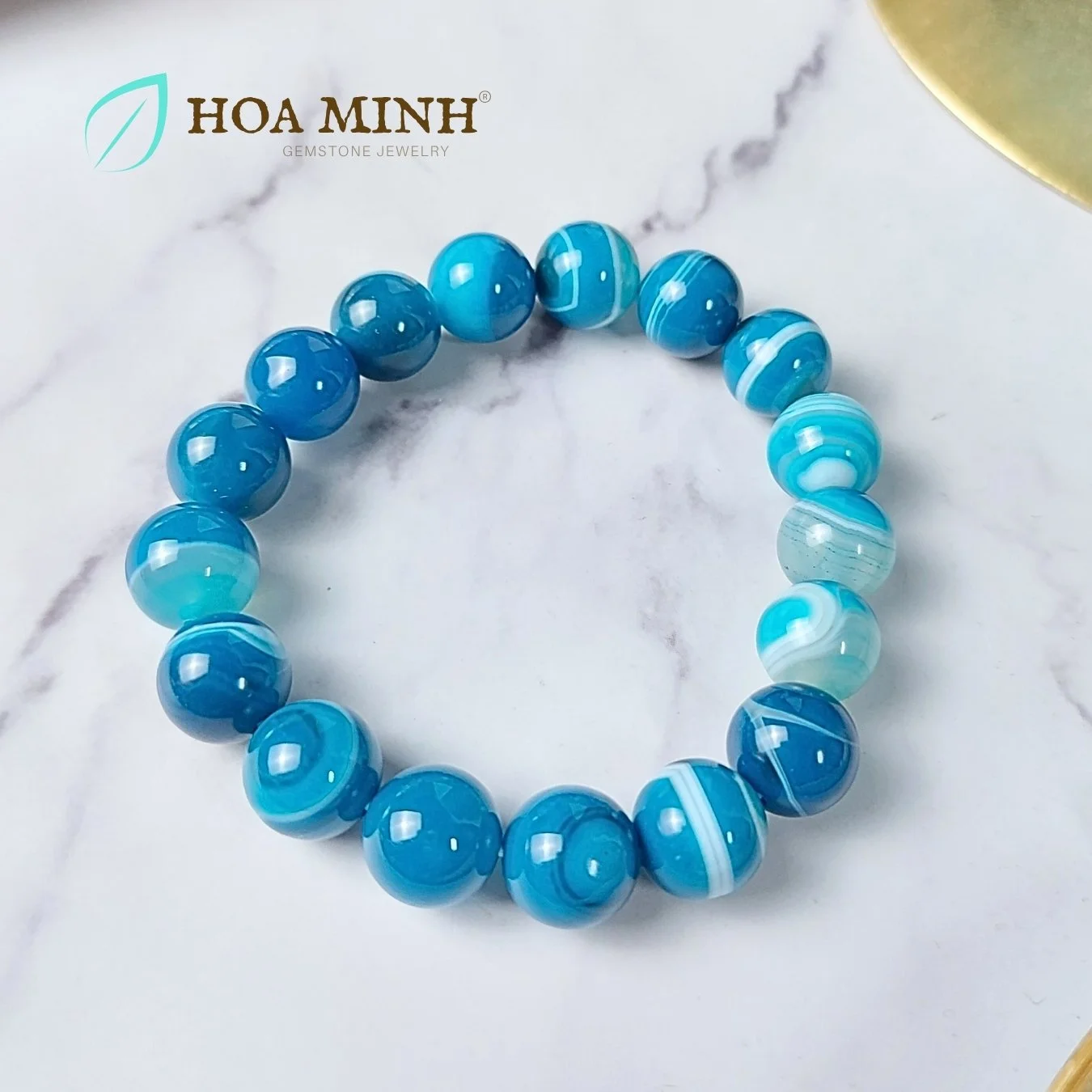 Vòng tay phong thủy đá Mã Não vân xanh size 10 li 12 li hợp mệnh Mộc, Thủy