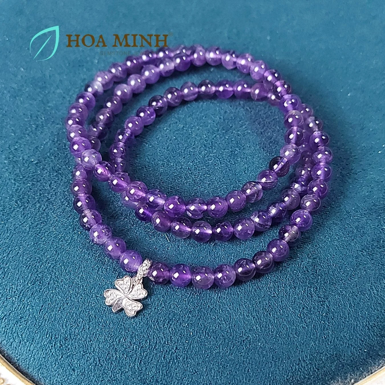 Vòng tay chuỗi 108 hạt Thạch Anh Tím Amethyst size hạt 5.5 li phối charm bạc cỏ 4 lá đính đá nhỏ