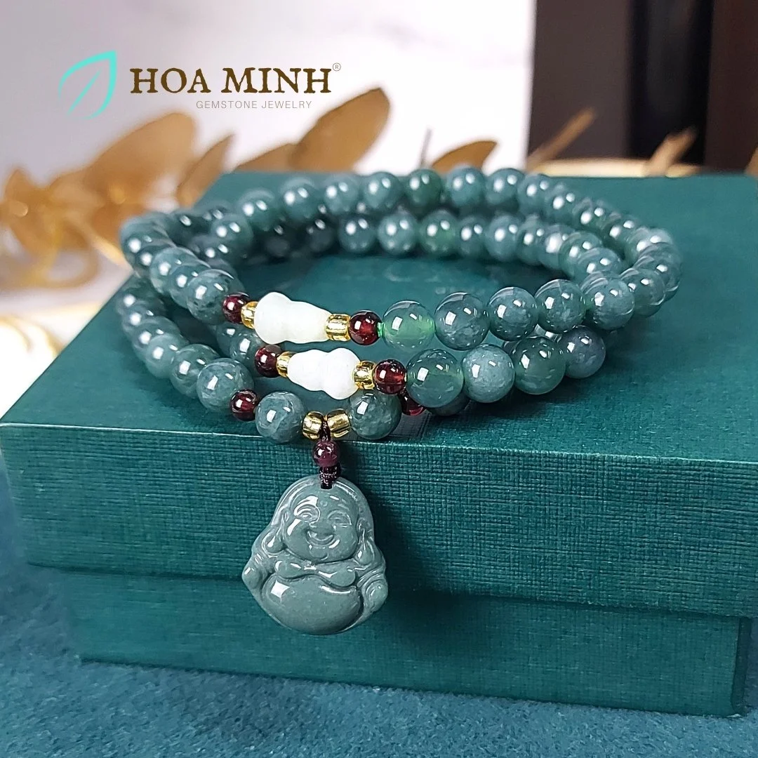 Vòng chuỗi đá Cẩm Thạch lam ngọc size hạt 6.5 li phối mặt ngài Di Lặc cụ Tỳ Hưu hoặc làm vòng cổ thanh lịch, cổ điển