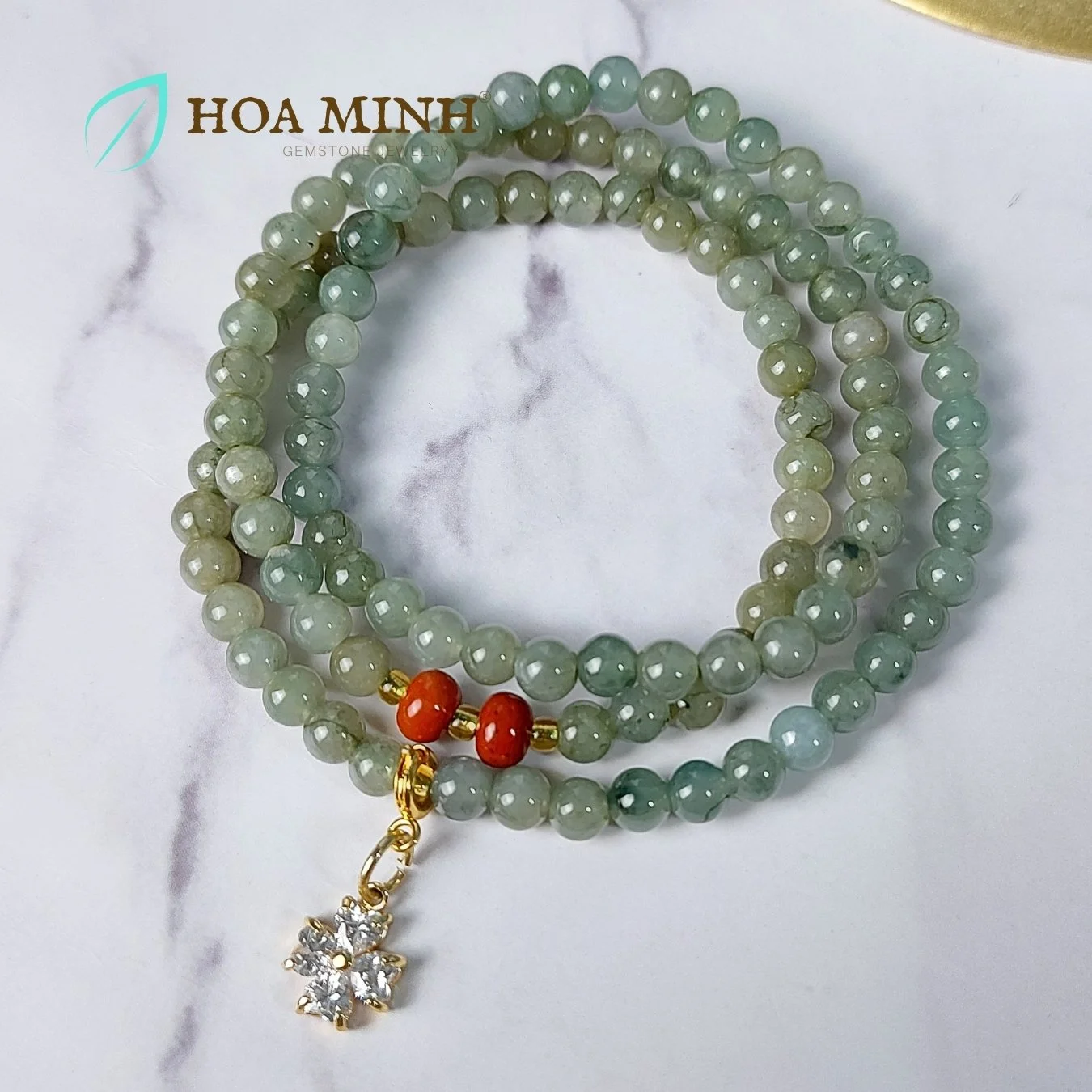 Vòng tay 108 hạt đá Cẩm Thạch dầu size hạt 5.3 li phối charm hoa 4 cánh đính đá, ngọc jasper bánh xe sang trọng