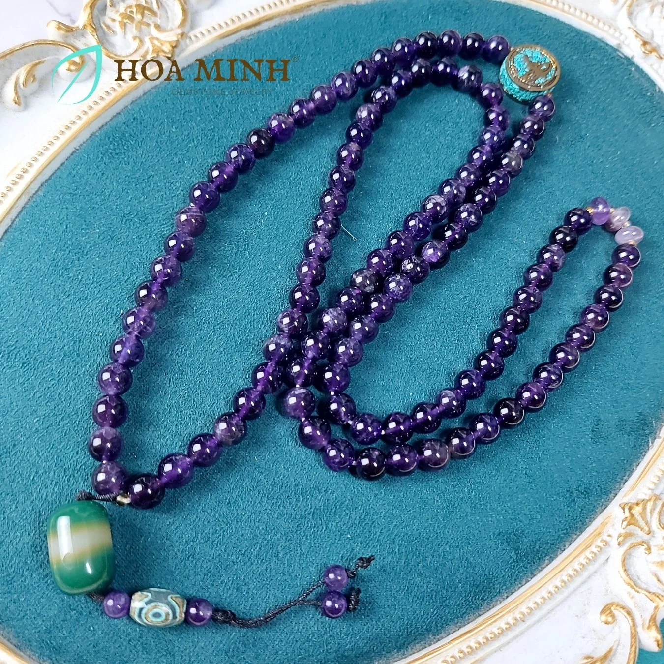 Vòng chuỗi 108 hạt đá Thạch Anh Tím Amethyst size 8.5 li tự nhiên phối lu thống Dzi mã não, charm phong cách Zen an lạc