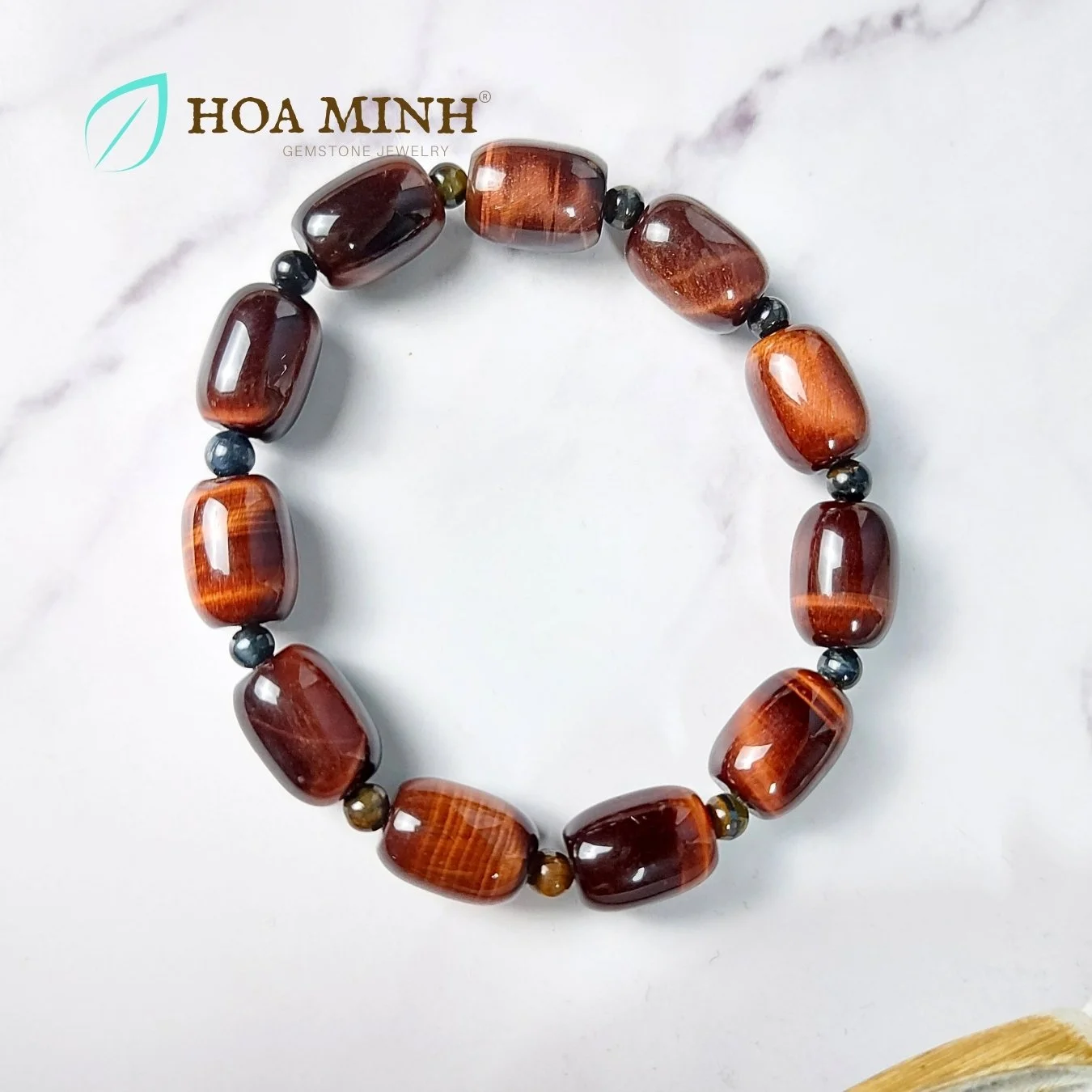 Vòng tay đá Mắt Hổ đỏ nâu/đen kiểu lu thống size hạt 10x14mm xen kẽ viên tròn