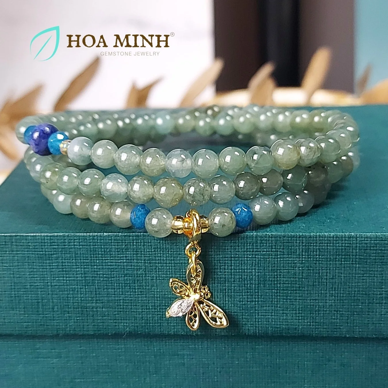 Vòng chuỗi 108 hạt đá Cẩm Thạch dầu size hạt 5.3 li phối charm bướm đính đá xinh, thời trang