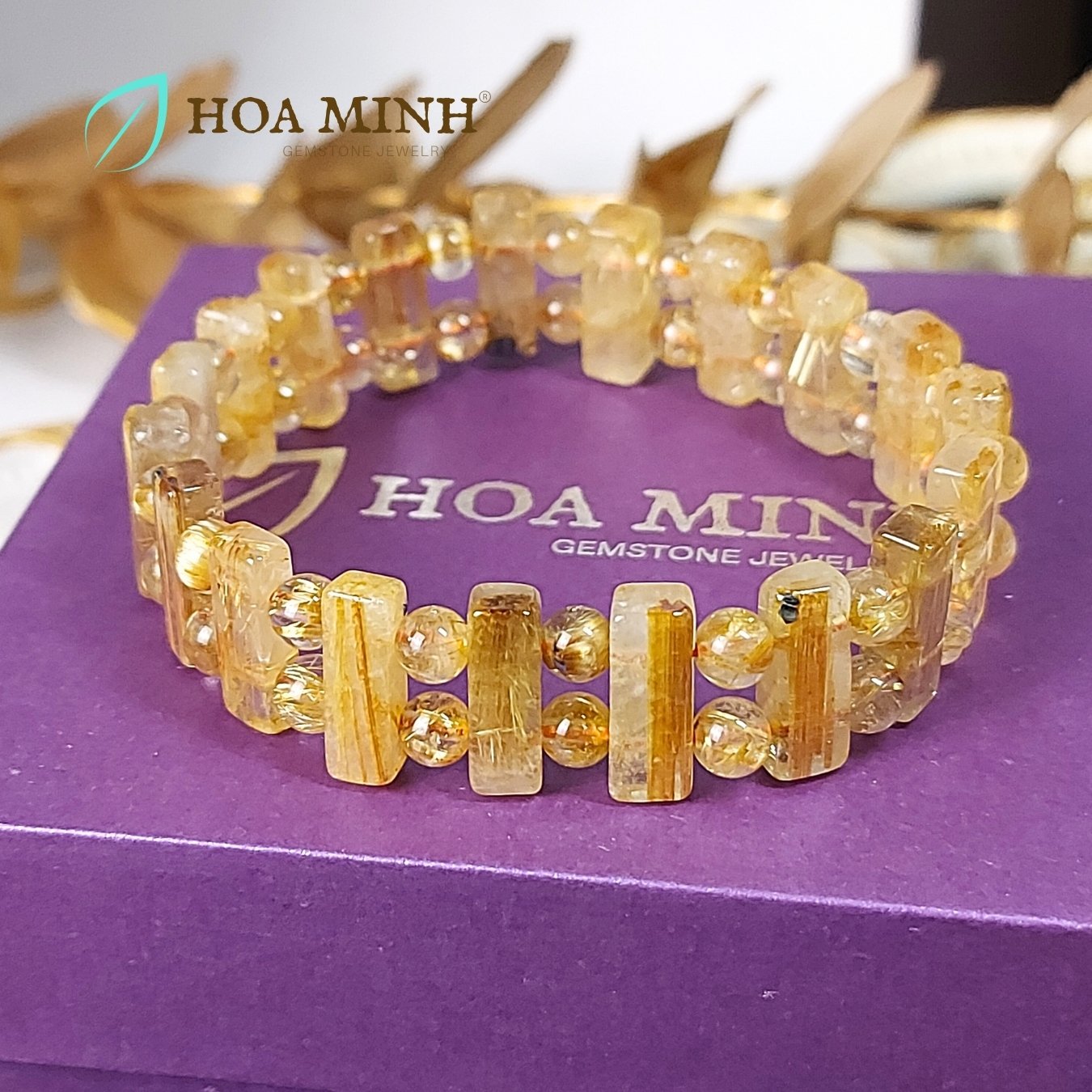 Vòng tay đá Thạch Anh Tóc Vàng VVIP tự nhiên kiểu thanh tre 5x14.5 li phối viên tròn tóc vàng 6 li đẳng cấp, thịnh vượng