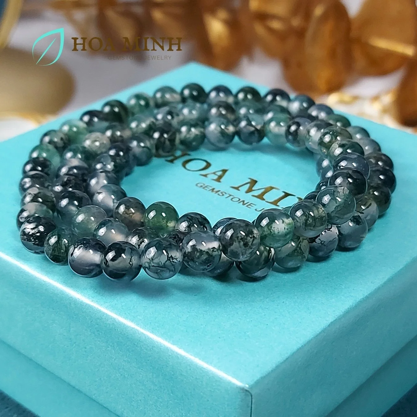 Vòng tay quấn 3 đá Mã Não xanh rêu thủy tảo VIP size hạt 6.5 li tuyệt đẹp phong cách thanh lịch, sang trọng