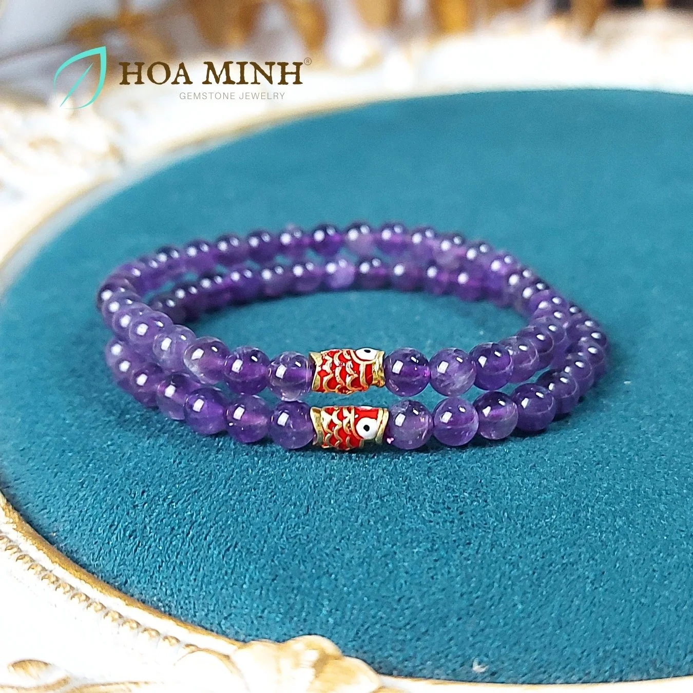 Vòng tay đá Thạch Anh Tím Amethyst tự nhiên size mini 5.5 li phối charm cá chép may mắn, tài lộc