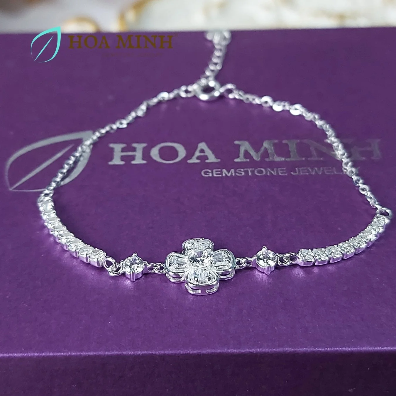 Lắc tay bạc Ý cỏ 4 lá baguet dây xoàn tấm mỏng may mắn xinh đẹp, thời trang