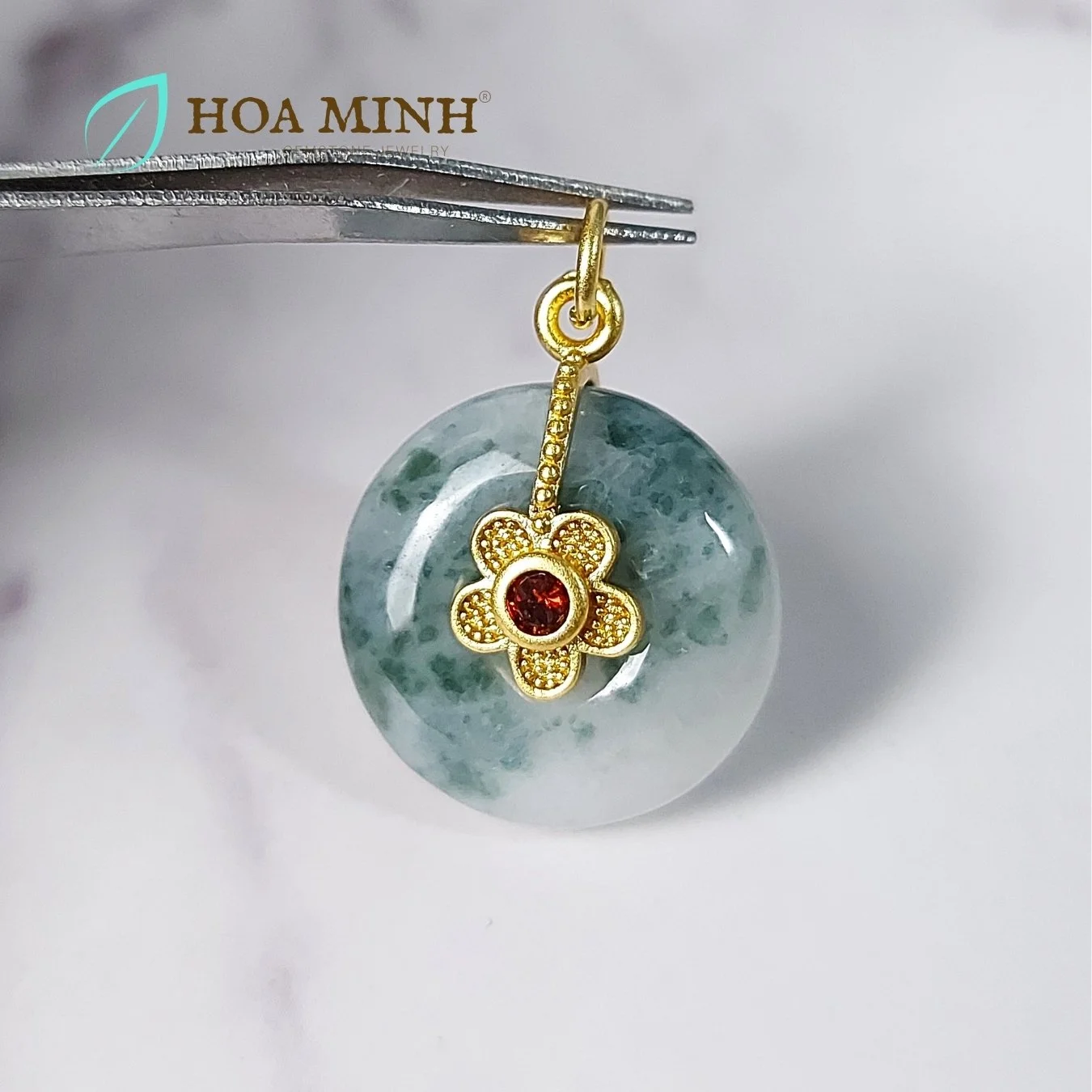 Mặt dây đồng điếu Ngọc Cẩm Thạch hoa bay size mini đường kính 14mm móc xi vàng cao cấp phong cách cổ điển, sang trọng