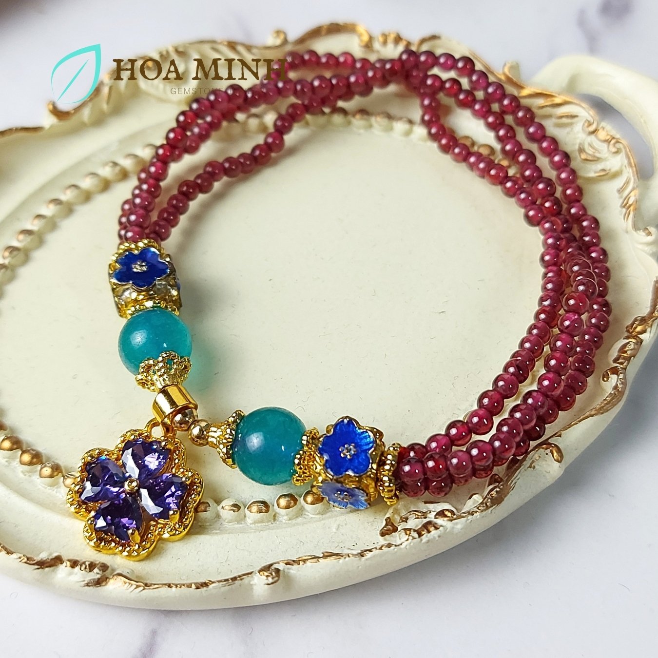 Vòng tay kiểu đá Ngọc Hồng Lựu Garnet nhỏ mini size hạt 3 li phối charm hoa mai, đá mã não xanh, đỏ