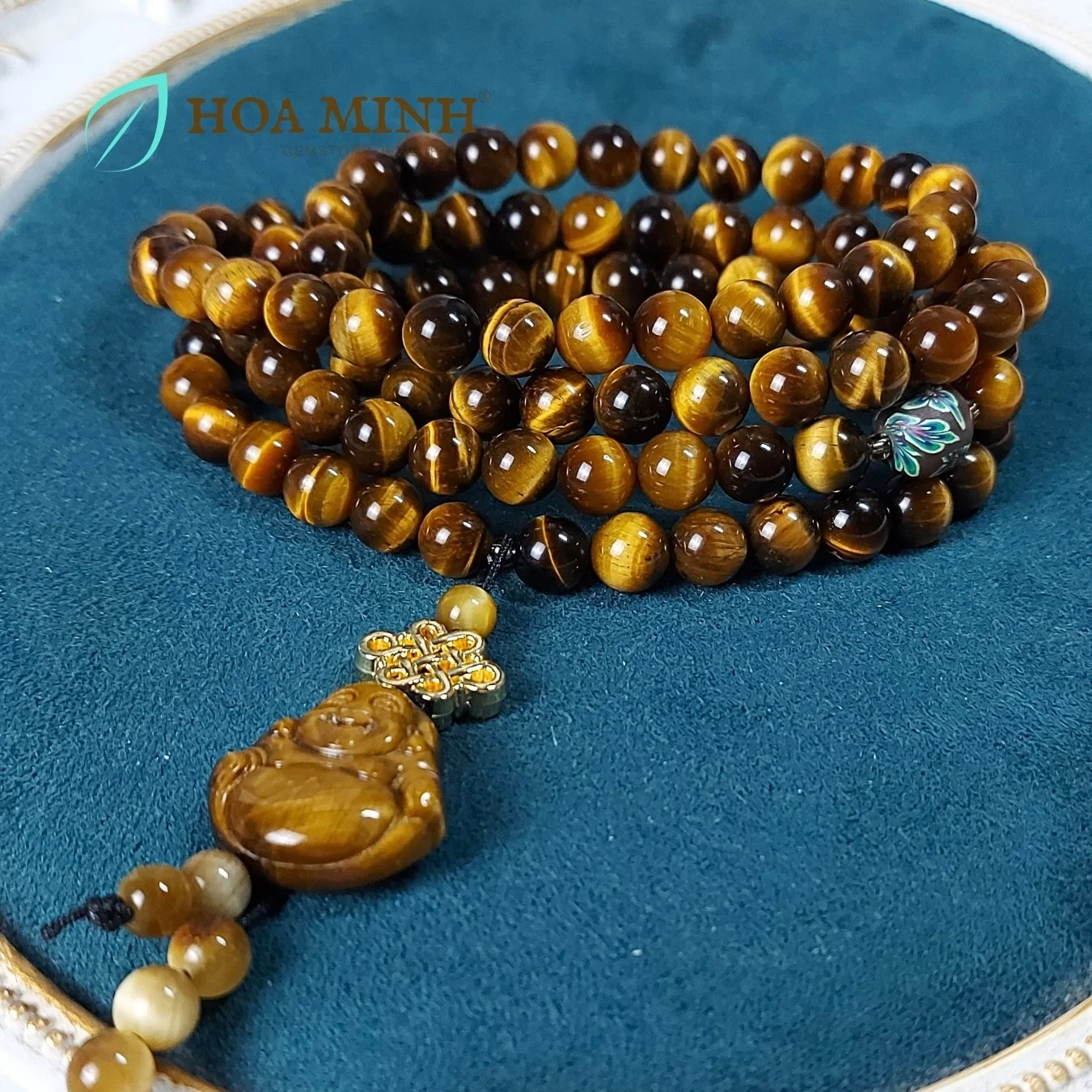 Vòng tay chuỗi 108 hạt đá Mắt Hổ vàng nâu/đen size 8.5 li phối viên đất sét hoa, mặt Phật Di Lặc charm nút cát tường bình an may mắn