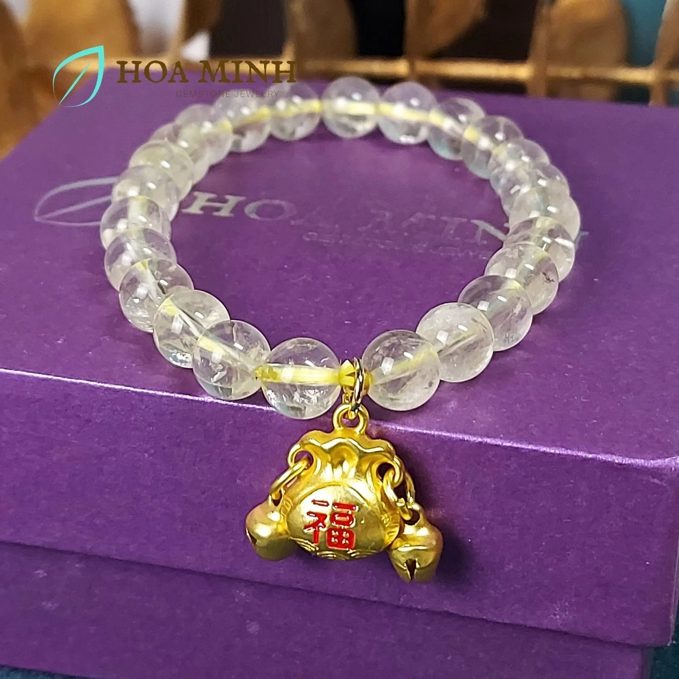 Vòng tay Thạch Anh vàng chanh Lemon Quartz size hạt 7.7 li phối charm treo túi tiền chữ Phúc may mắn bình an