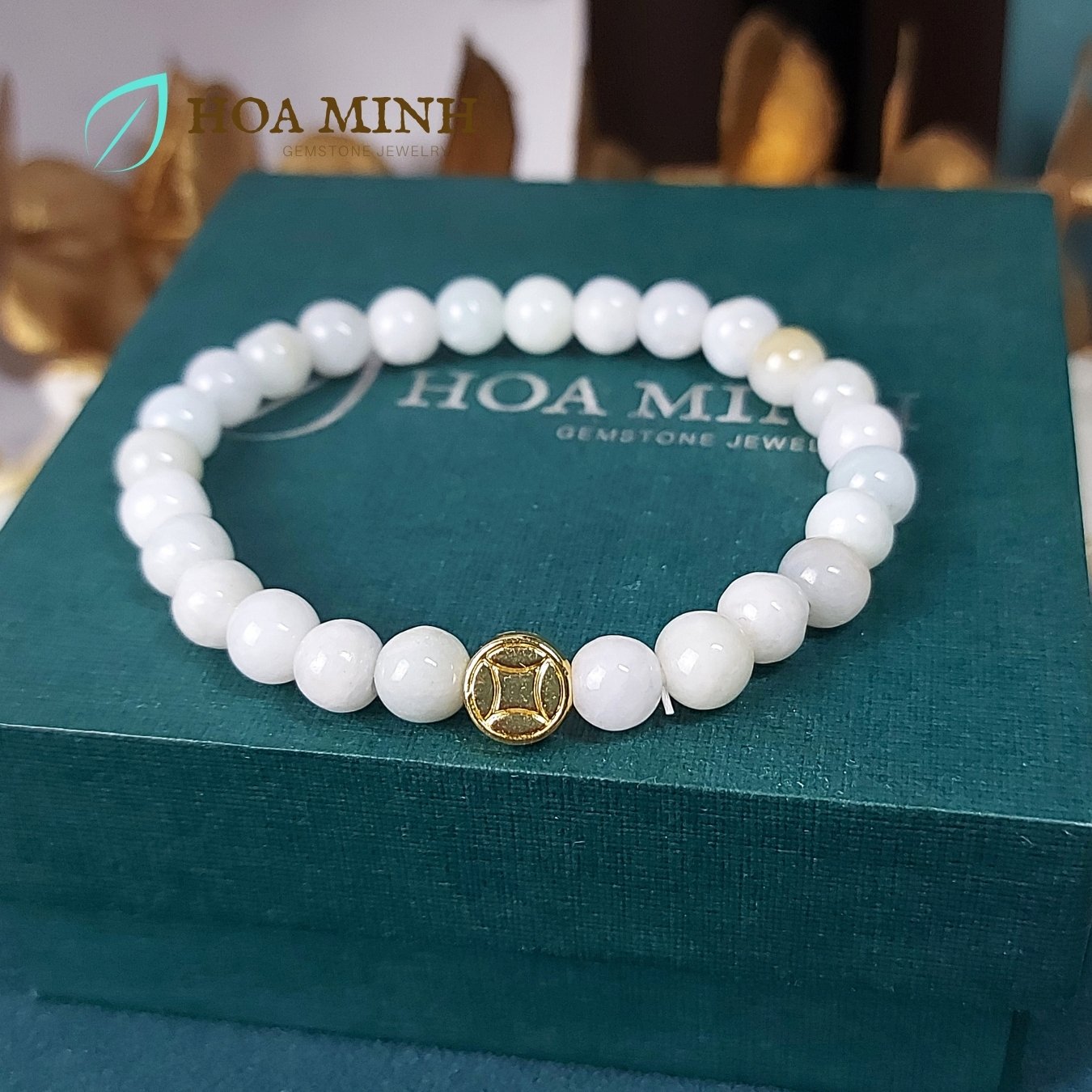 Vòng tay ngọc Cẩm Thạch trắng size hạt 7 li phối charm kim tiền xi vàng